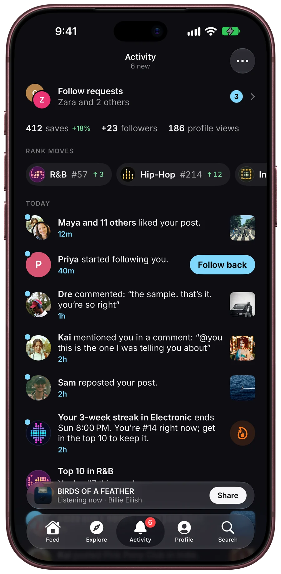 Activity, with follow requests, this week's saves and followers, rank moves in R&B and Hip-Hop, and recent likes and comments.