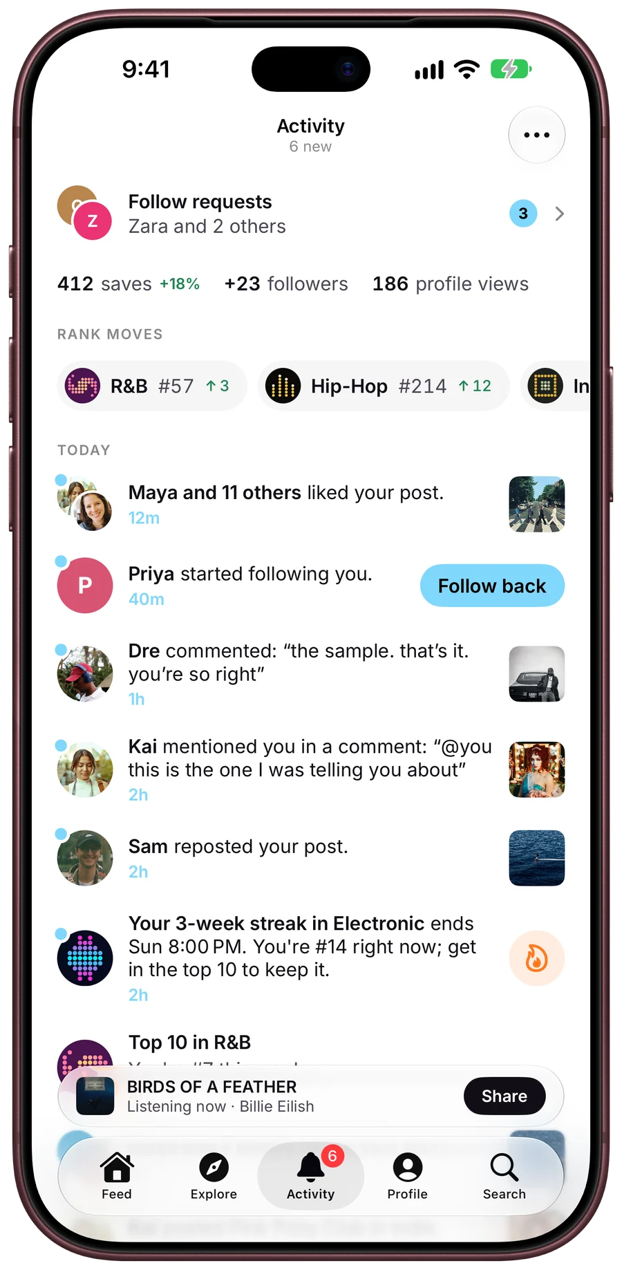 Activity, with follow requests, this week's saves and followers, rank moves in R&B and Hip-Hop, and recent likes and comments.
