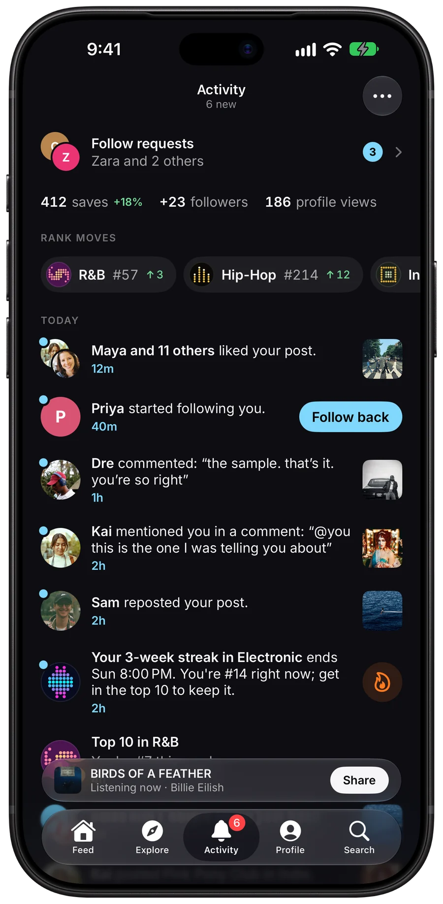 Activity, with follow requests, this week's saves and followers, rank moves in R&B and Hip-Hop, and recent likes and comments.