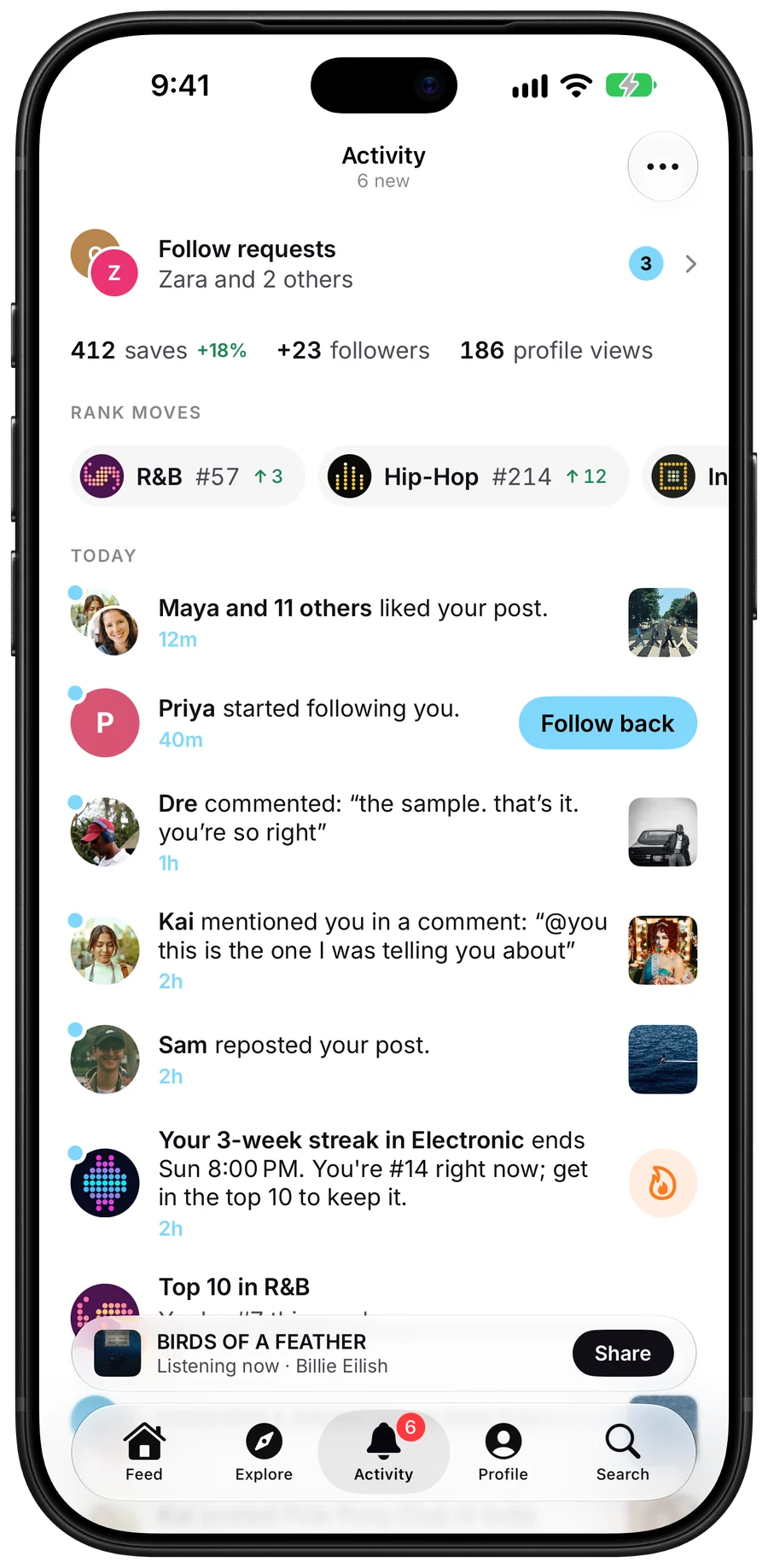 Activity, with follow requests, this week's saves and followers, rank moves in R&B and Hip-Hop, and recent likes and comments.