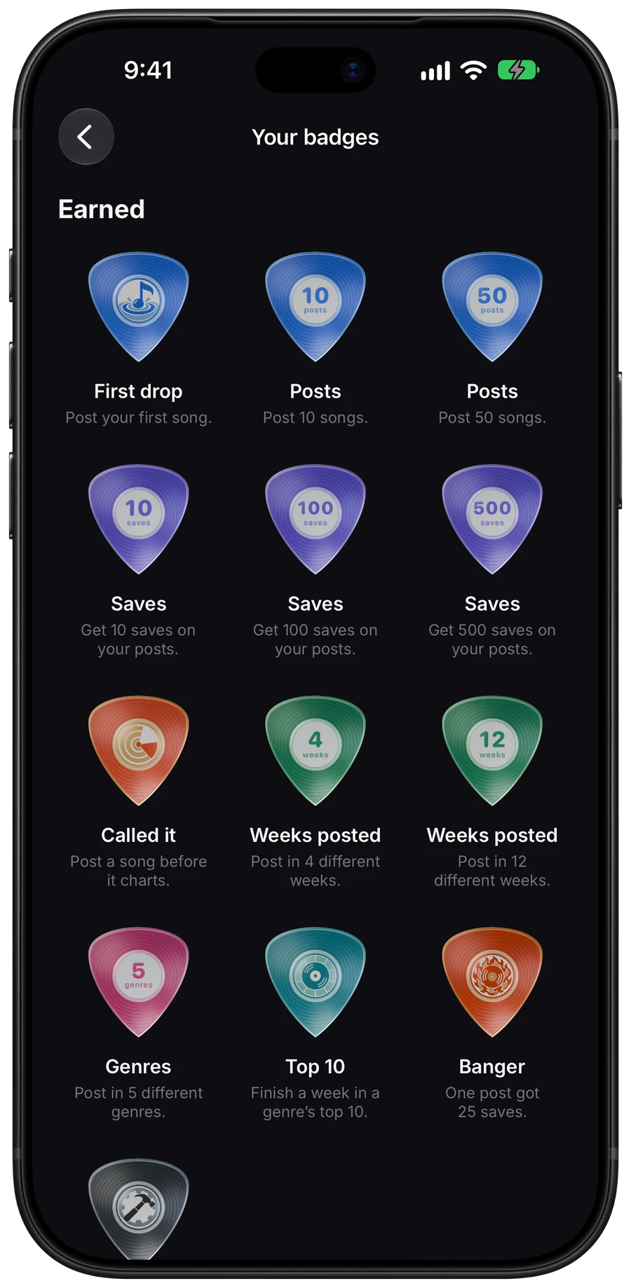 Your badges: vinyl guitar picks for your first drop, posts, saves, Called it, weeks posted, genres and the top 10.