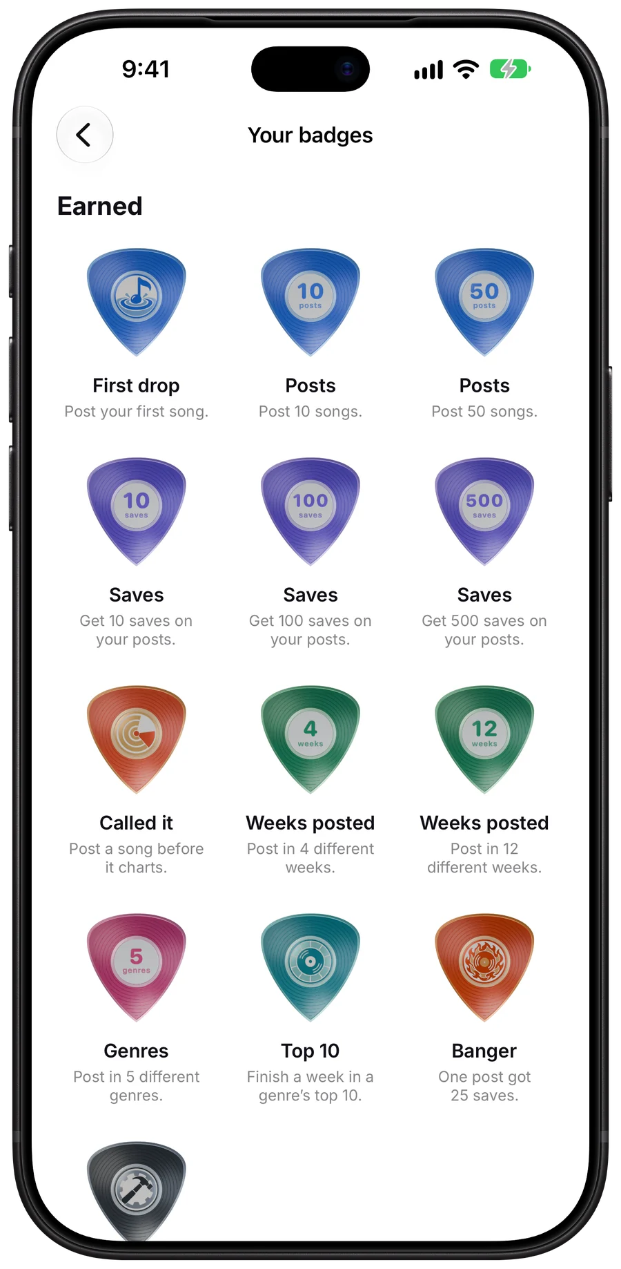 Your badges: vinyl guitar picks for your first drop, posts, saves, Called it, weeks posted, genres and the top 10.
