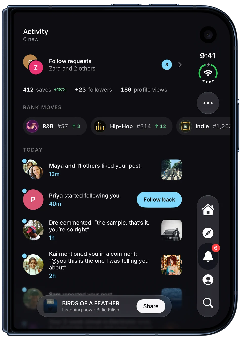 Activity, with follow requests, this week's saves and followers, rank moves in R&B and Hip-Hop, and recent likes and comments. On iPhone Duo, closed.