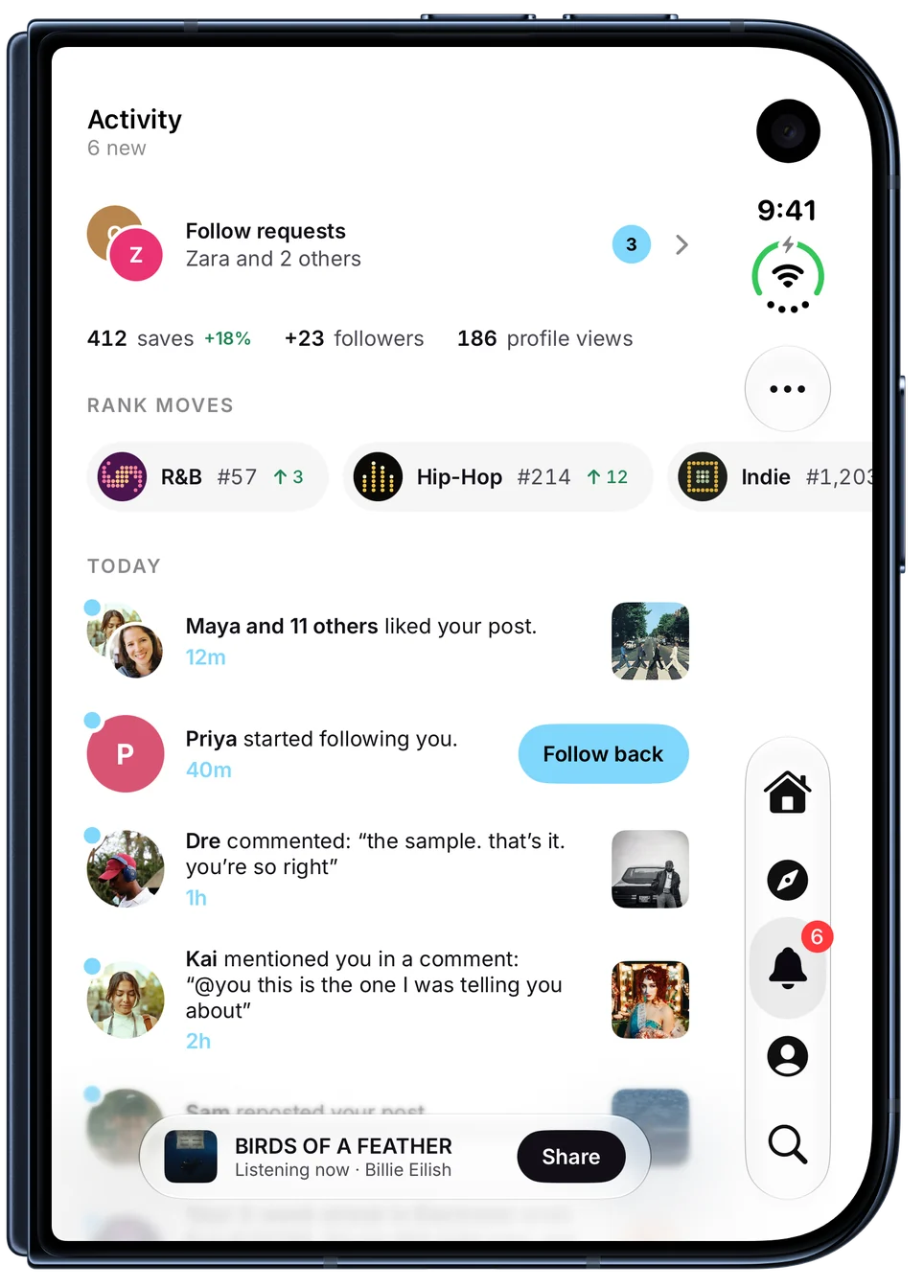 Activity, with follow requests, this week's saves and followers, rank moves in R&B and Hip-Hop, and recent likes and comments. On iPhone Duo, closed.