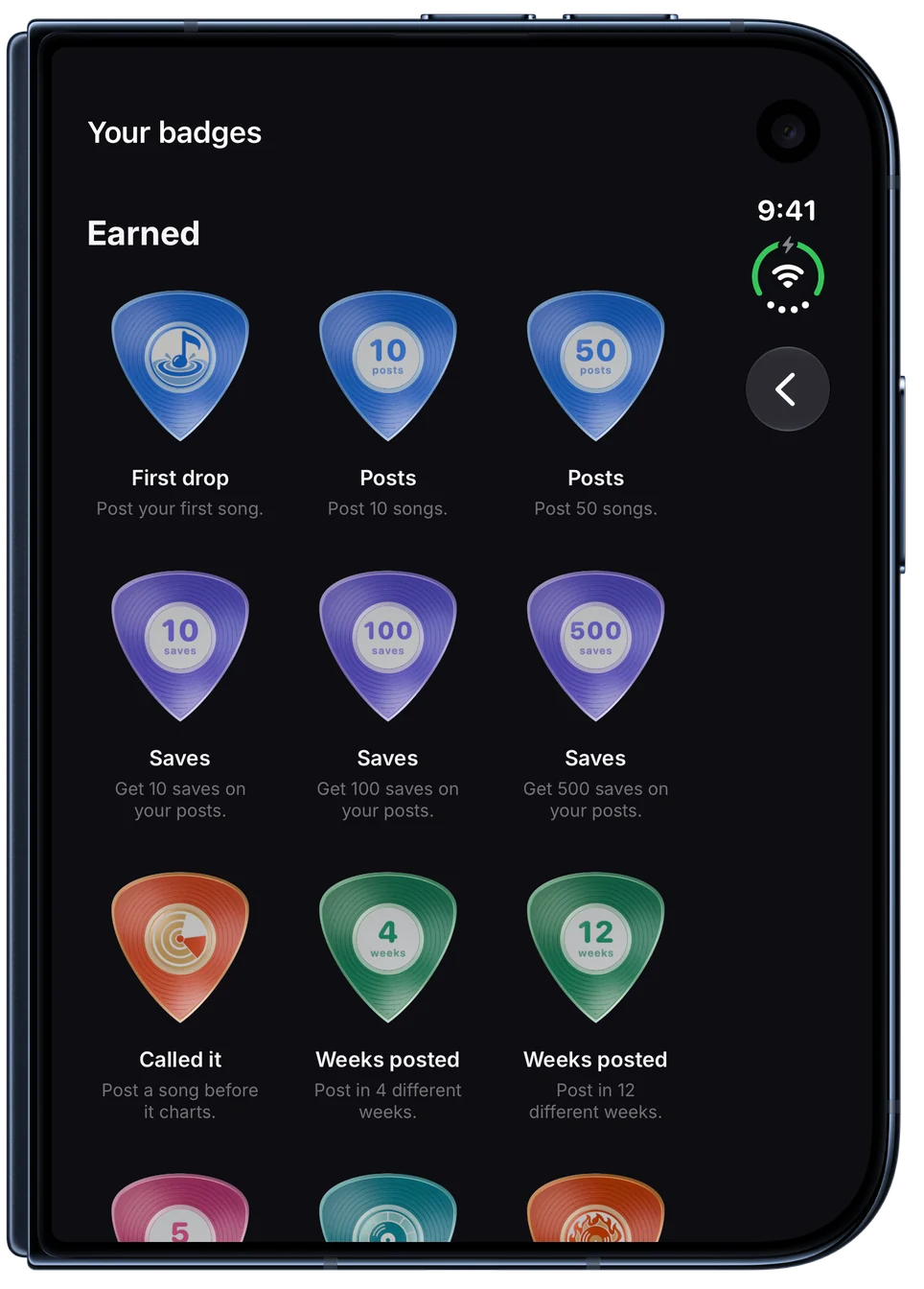 Your badges: vinyl guitar picks for your first drop, posts, saves, Called it, weeks posted, genres and the top 10. On iPhone Duo, closed.