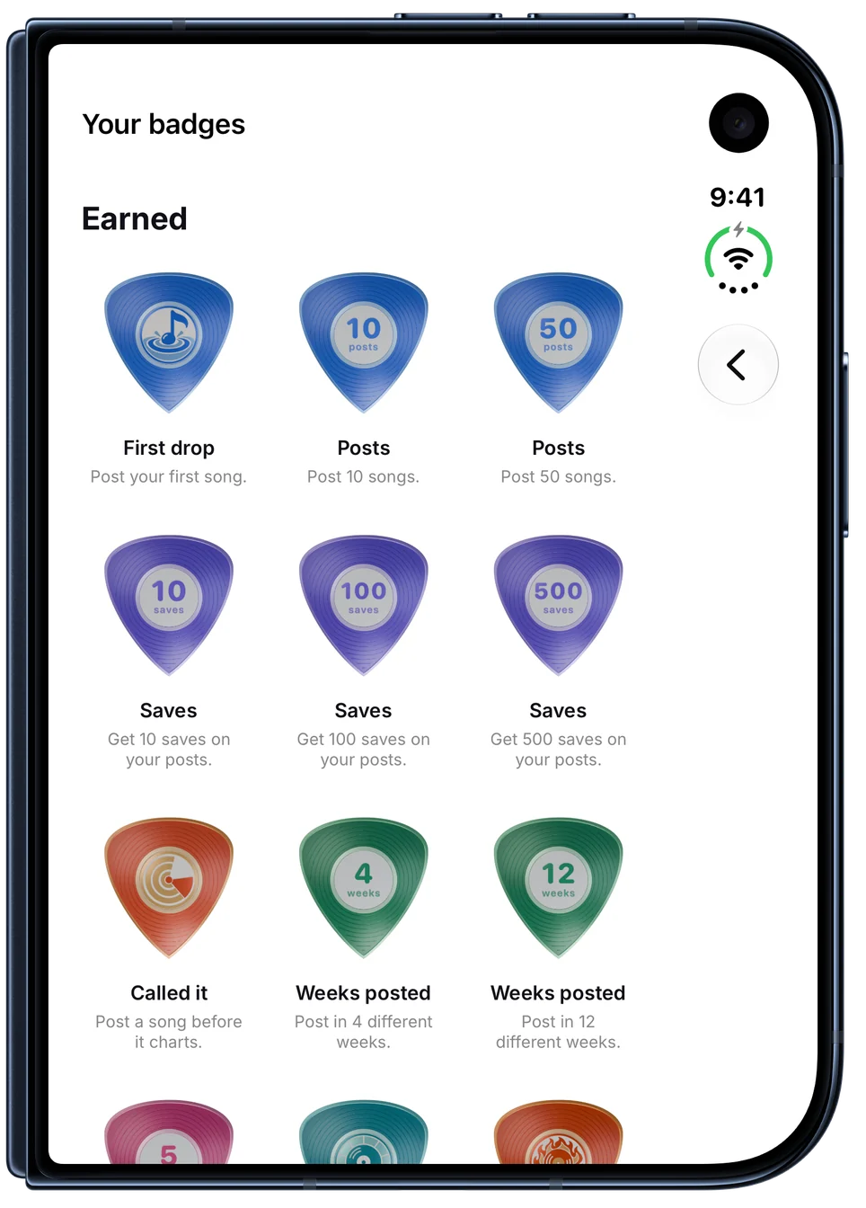 Your badges: vinyl guitar picks for your first drop, posts, saves, Called it, weeks posted, genres and the top 10. On iPhone Duo, closed.