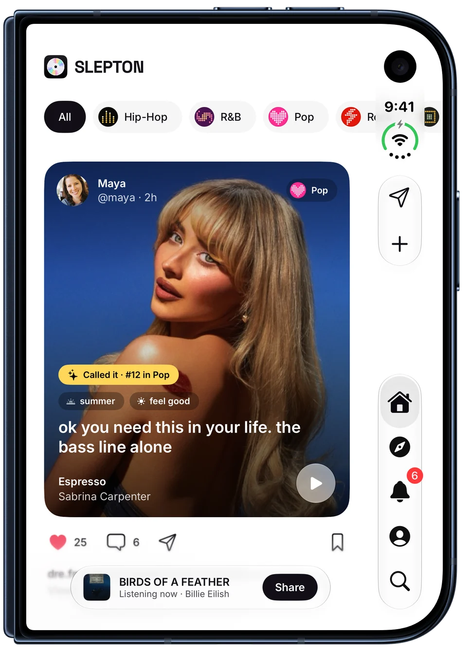 The SleptOn feed, showing Maya's post of Espresso by Sabrina Carpenter with her caption, tags and a Called it badge. On iPhone Duo, closed.