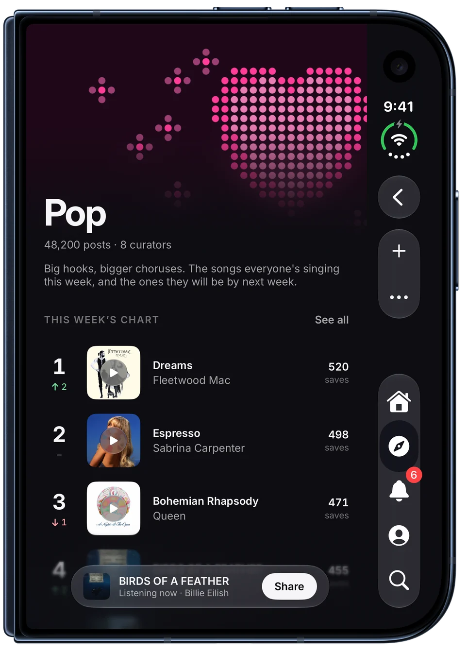 The Pop genre page, with this week's chart of the most saved songs and how far each moved. On iPhone Duo, closed.