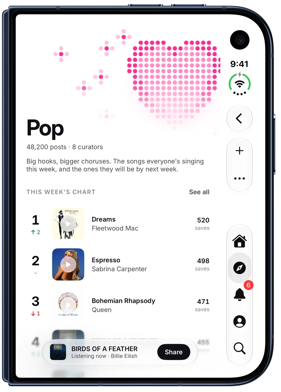 The Pop genre page, with this week's chart of the most saved songs and how far each moved. On iPhone Duo, closed.