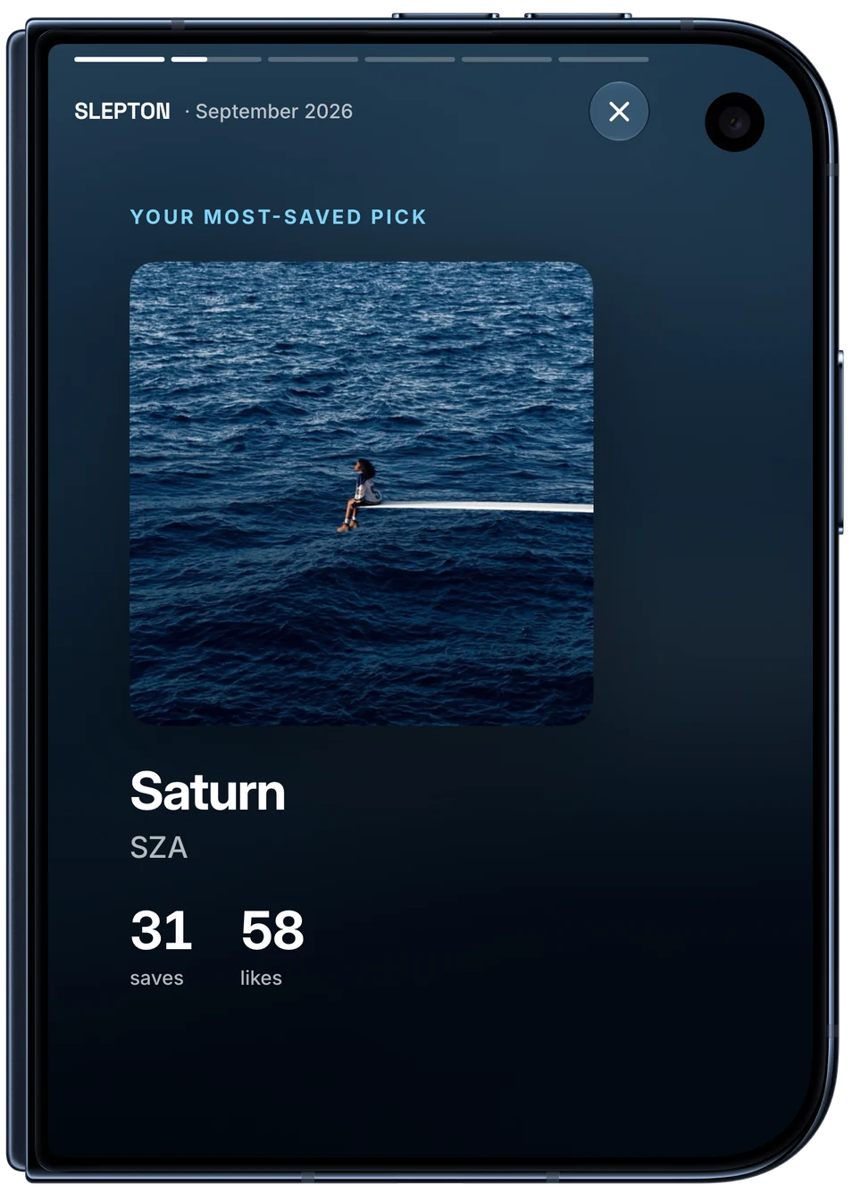 A monthly recap slide: your most-saved pick of September, Saturn by SZA, with 31 saves and 58 likes. On iPhone Duo, closed.