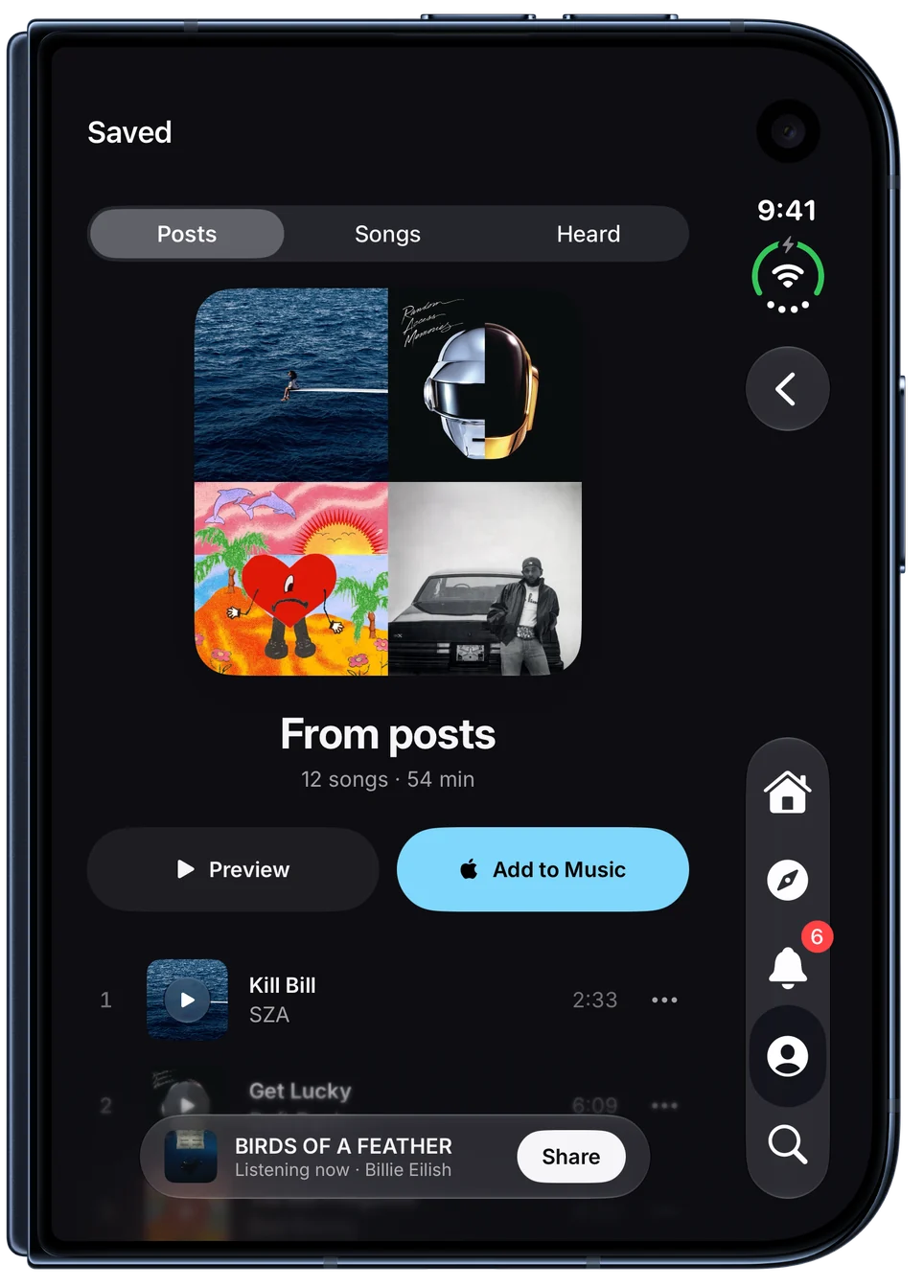 Saved, a playlist of the songs saved from posts, with Preview and Add to Music buttons. On iPhone Duo, closed.