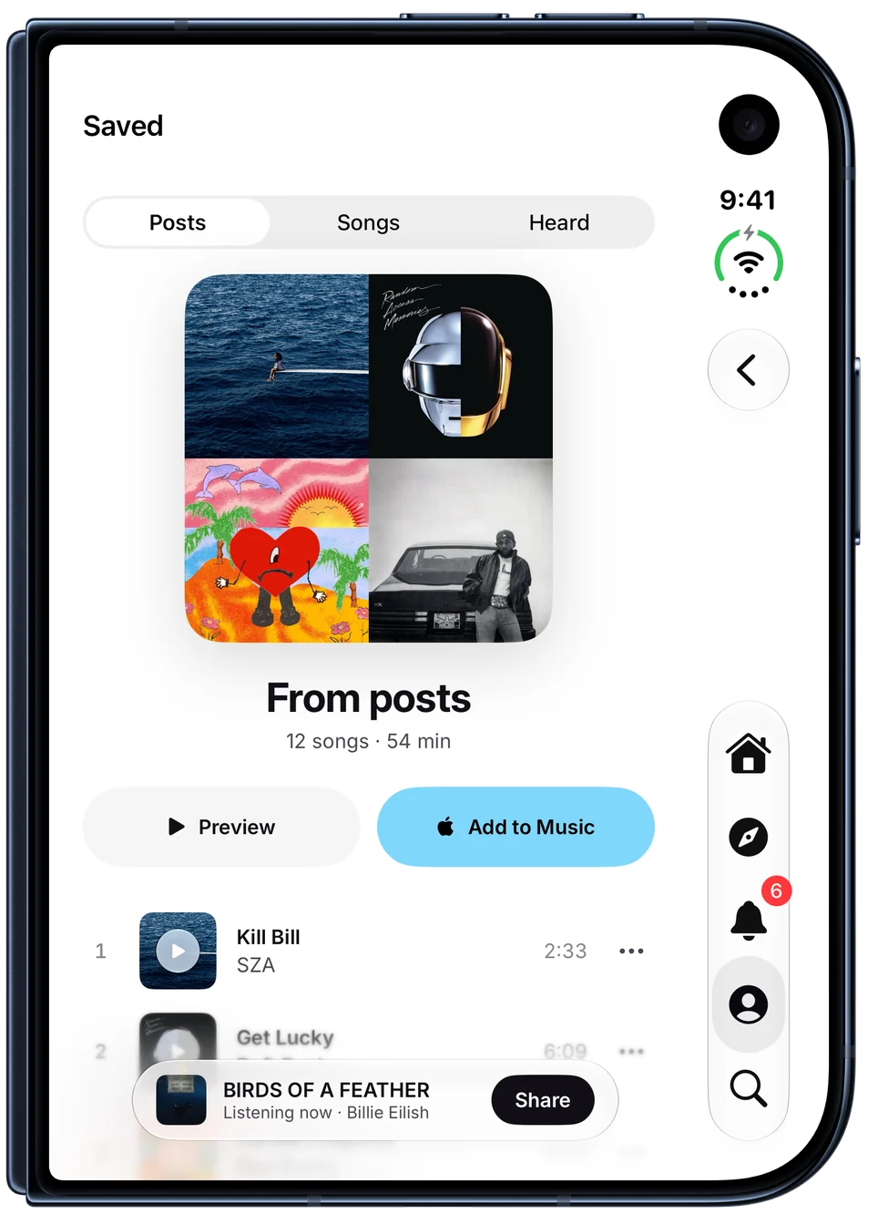 Saved, a playlist of the songs saved from posts, with Preview and Add to Music buttons. On iPhone Duo, closed.