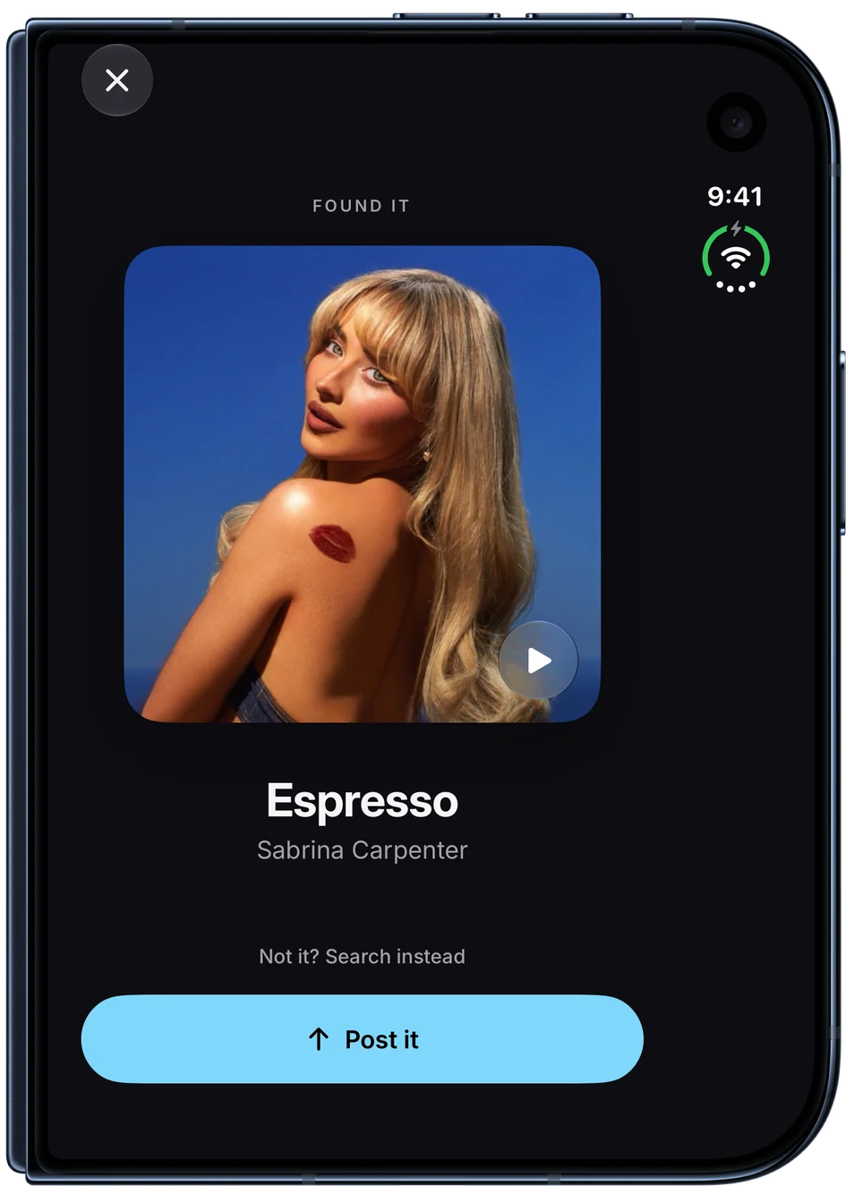 Name that song: SleptOn heard Espresso by Sabrina Carpenter playing nearby: the cover with a preview, and a button to post it. On iPhone Duo, closed.