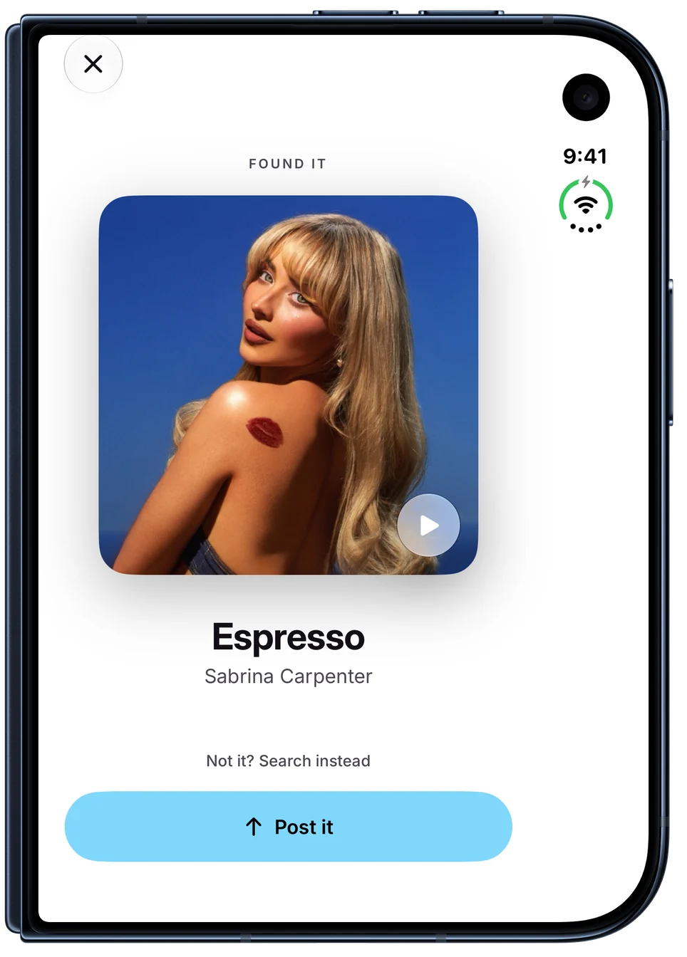 Name that song: SleptOn heard Espresso by Sabrina Carpenter playing nearby: the cover with a preview, and a button to post it. On iPhone Duo, closed.