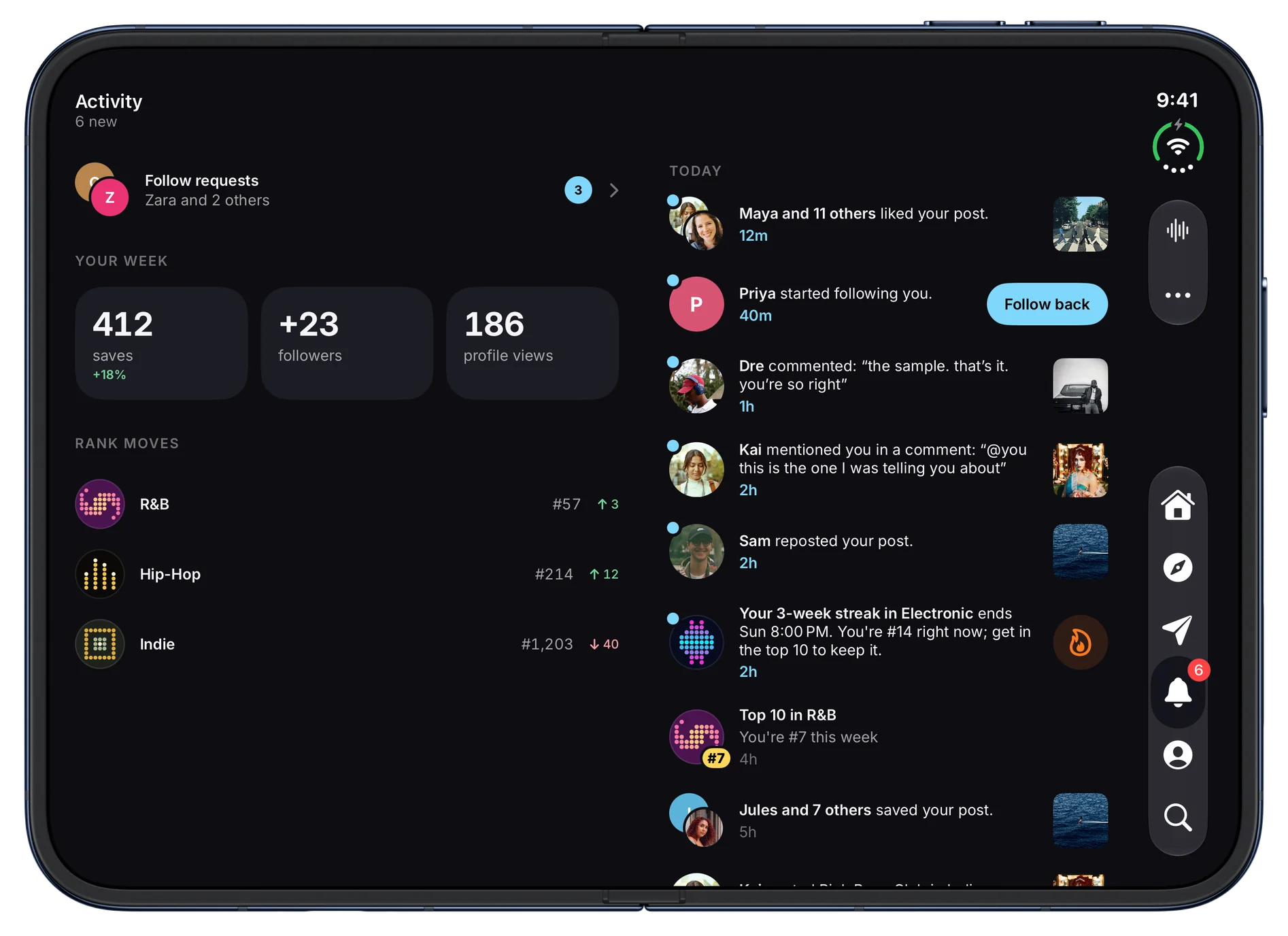 Activity, with follow requests, this week's saves and followers, rank moves in R&B and Hip-Hop, and recent likes and comments. On iPhone Duo, open.