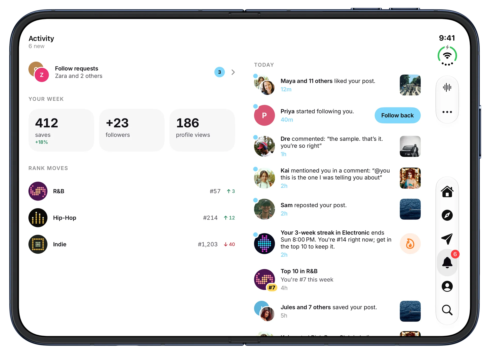 Activity, with follow requests, this week's saves and followers, rank moves in R&B and Hip-Hop, and recent likes and comments. On iPhone Duo, open.