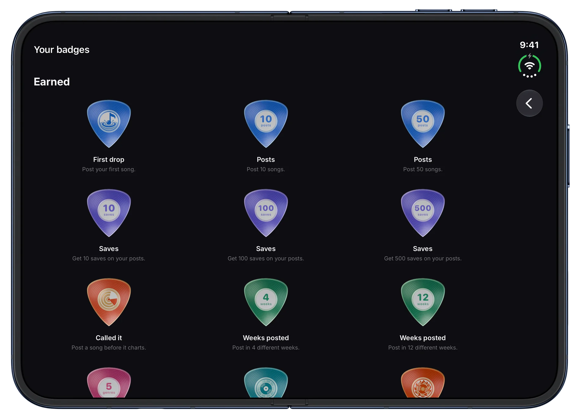 Your badges: vinyl guitar picks for your first drop, posts, saves, Called it, weeks posted, genres and the top 10. On iPhone Duo, open.