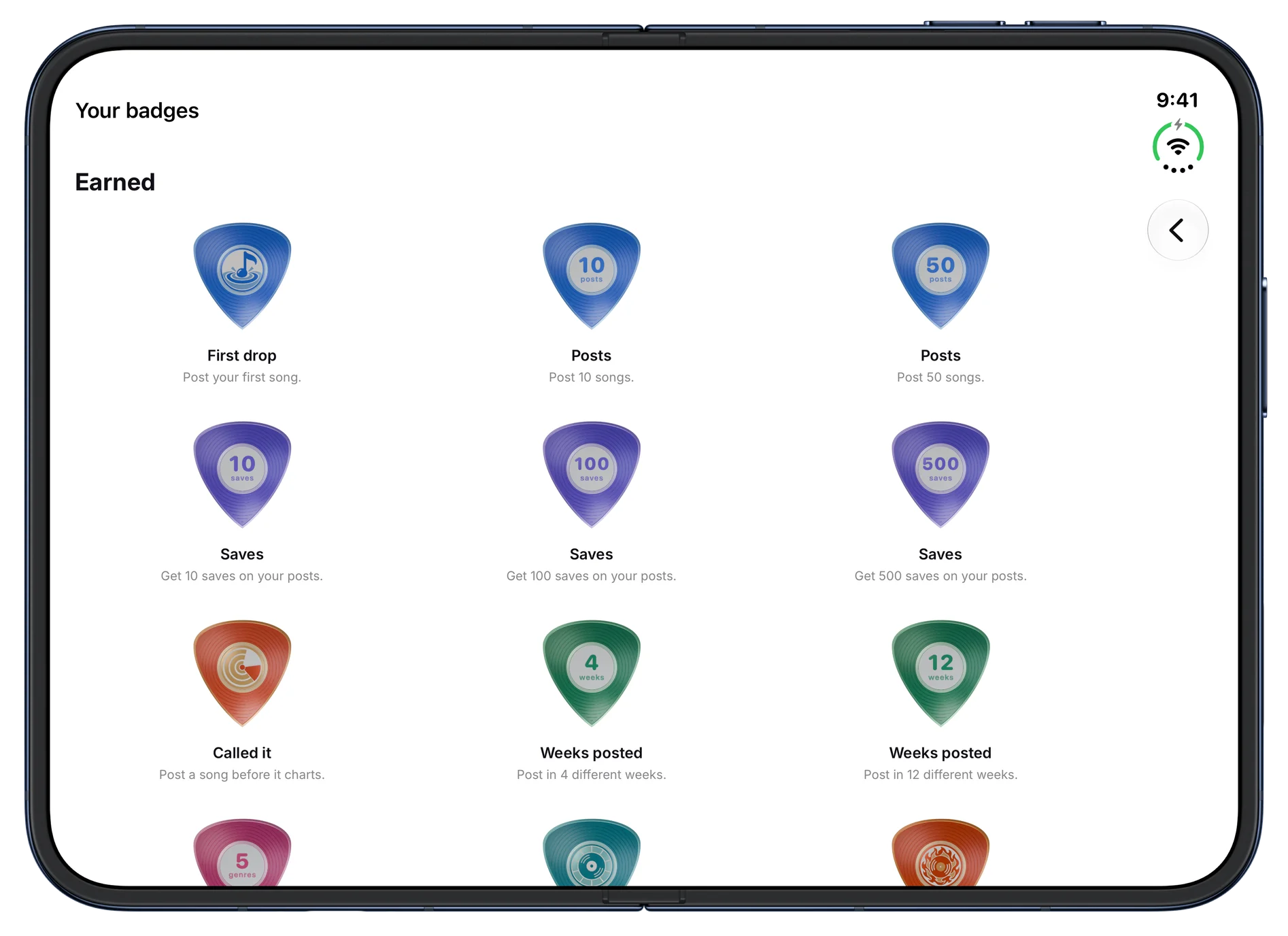 Your badges: vinyl guitar picks for your first drop, posts, saves, Called it, weeks posted, genres and the top 10. On iPhone Duo, open.