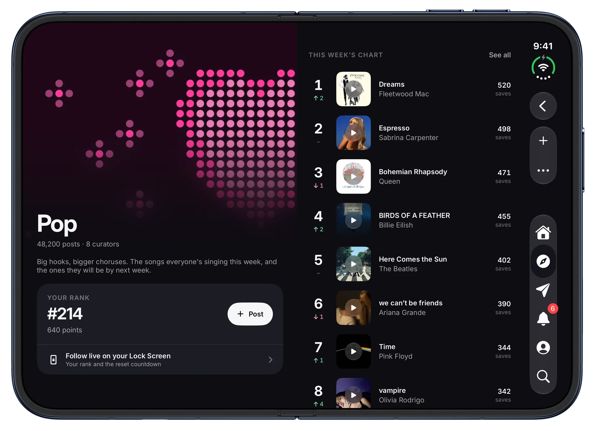 The Pop genre page, with this week's chart of the most saved songs and how far each moved. On iPhone Duo, open.