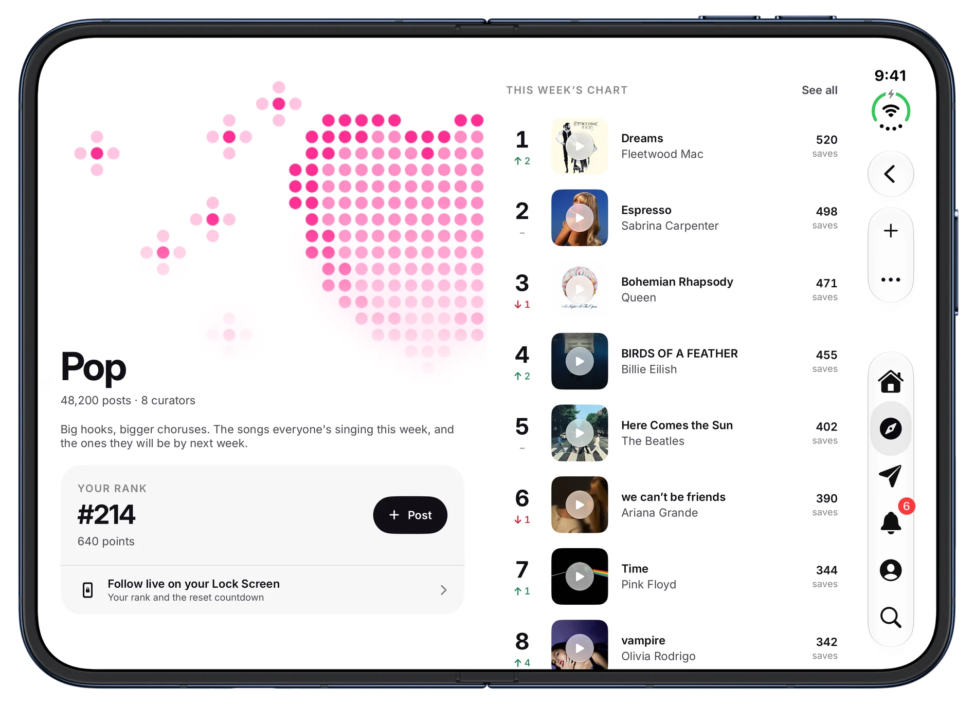 The Pop genre page, with this week's chart of the most saved songs and how far each moved. On iPhone Duo, open.