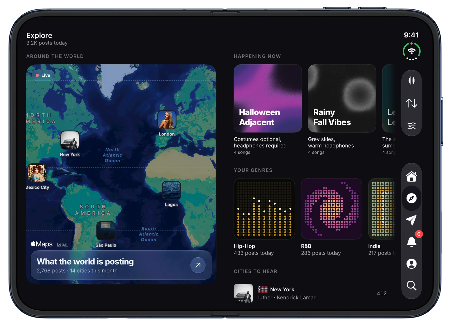 Explore, with a live map of what the world is posting, SleptOn playlists happening now and your genres. On iPhone Duo, open.