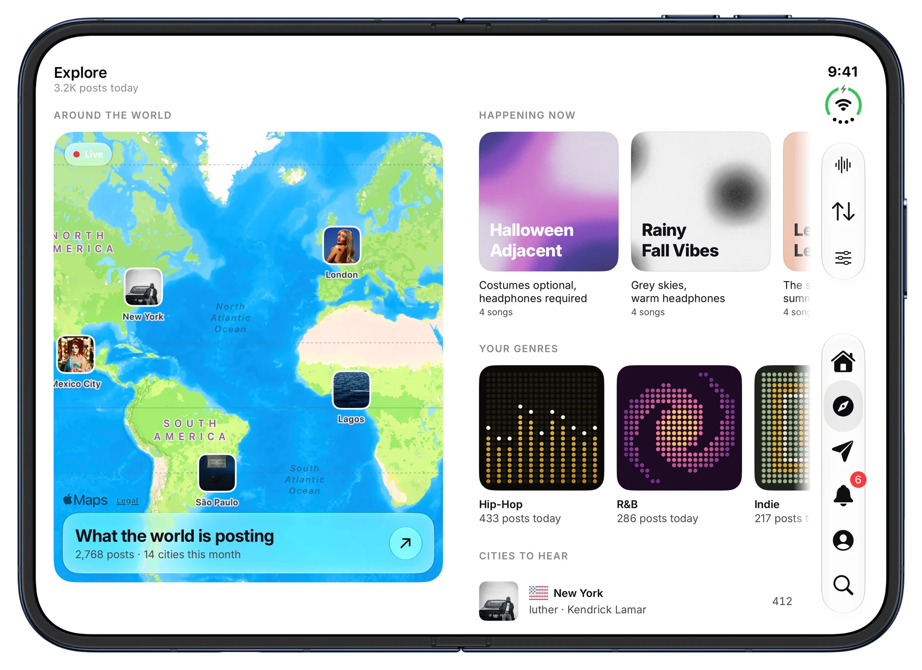Explore, with a live map of what the world is posting, SleptOn playlists happening now and your genres. On iPhone Duo, open.