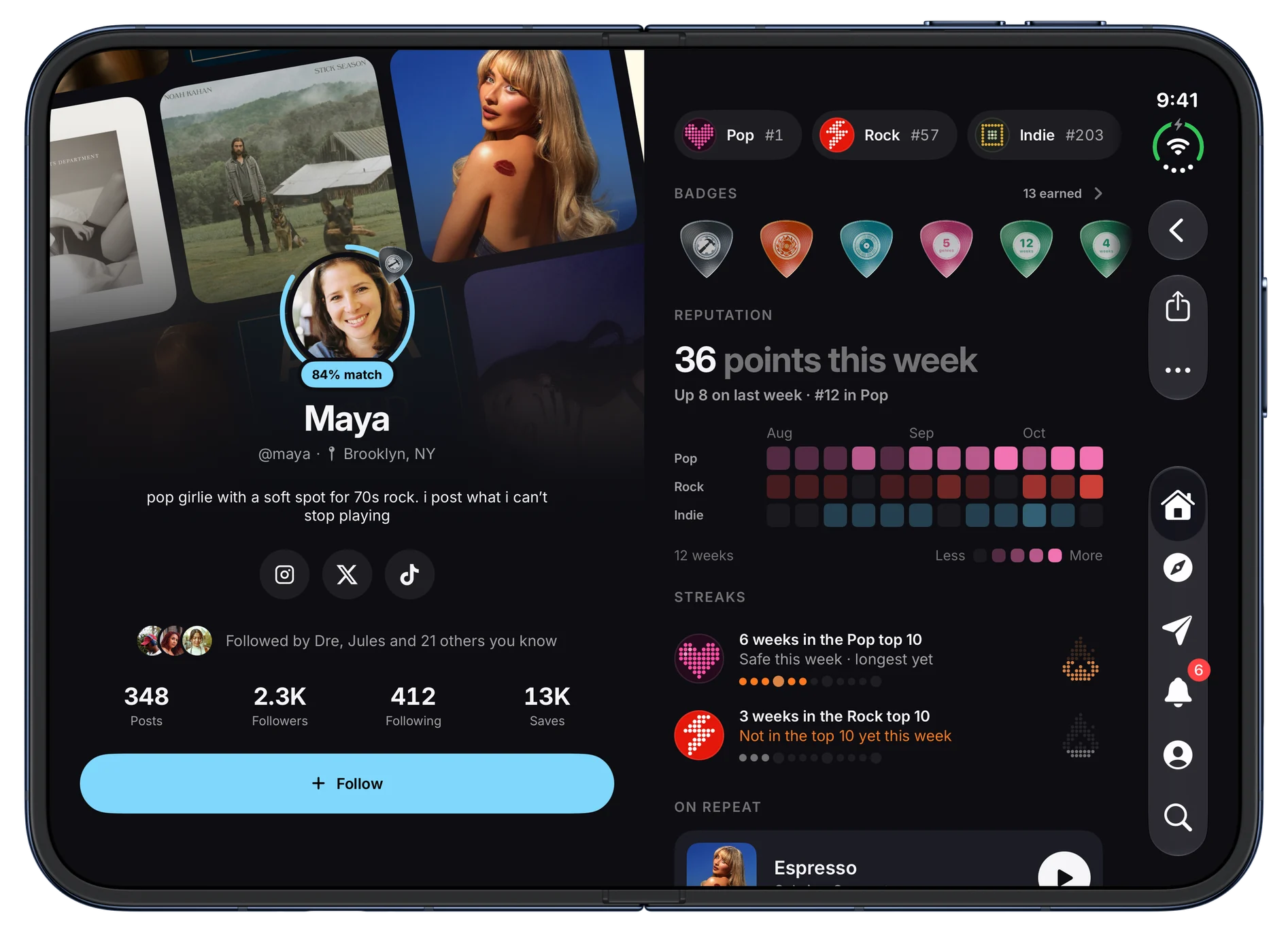 Maya's profile, with an 84% taste match, posts, followers and saves, genre ranks and badges. On iPhone Duo, open.