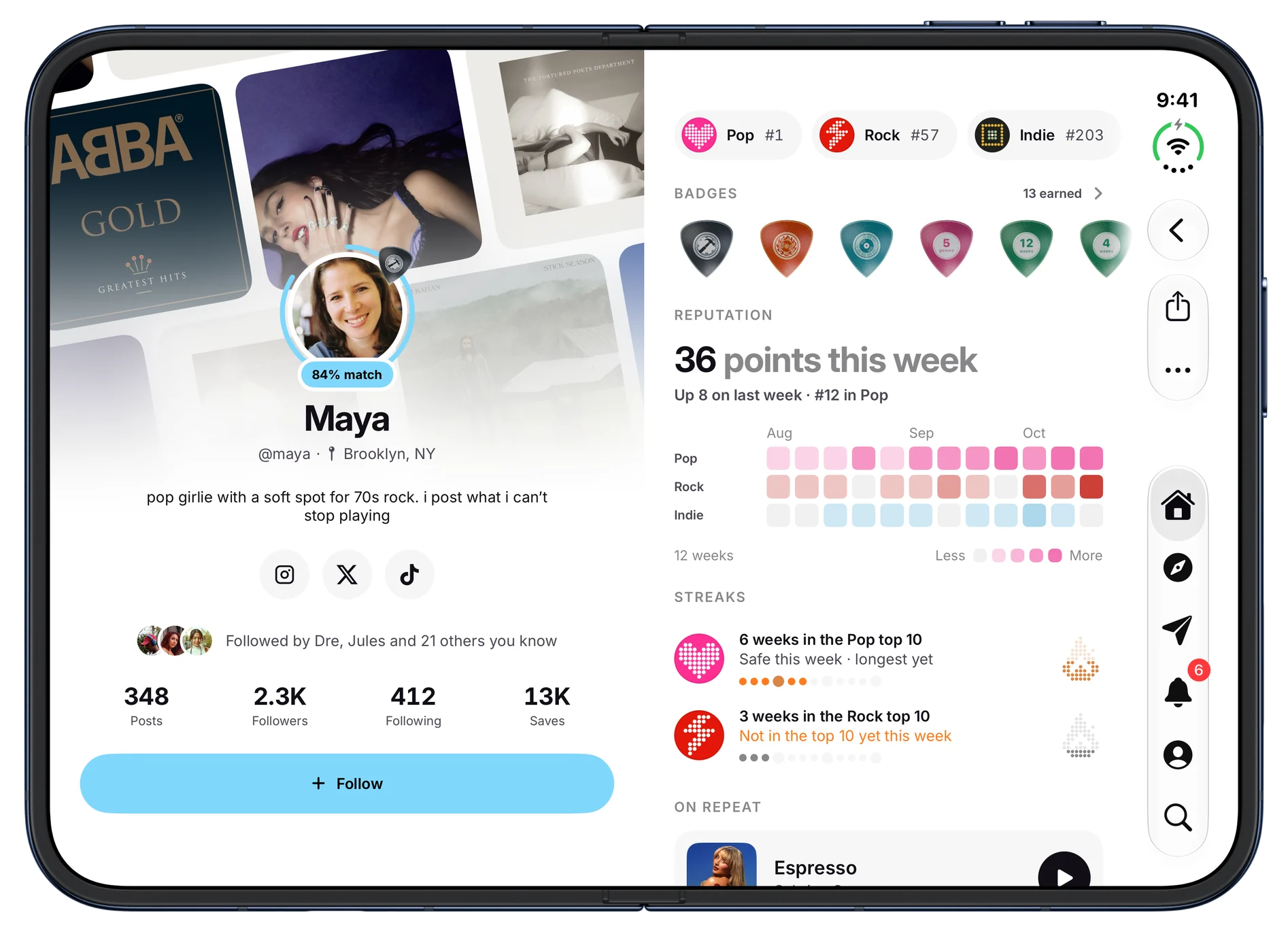 Maya's profile, with an 84% taste match, posts, followers and saves, genre ranks and badges. On iPhone Duo, open.
