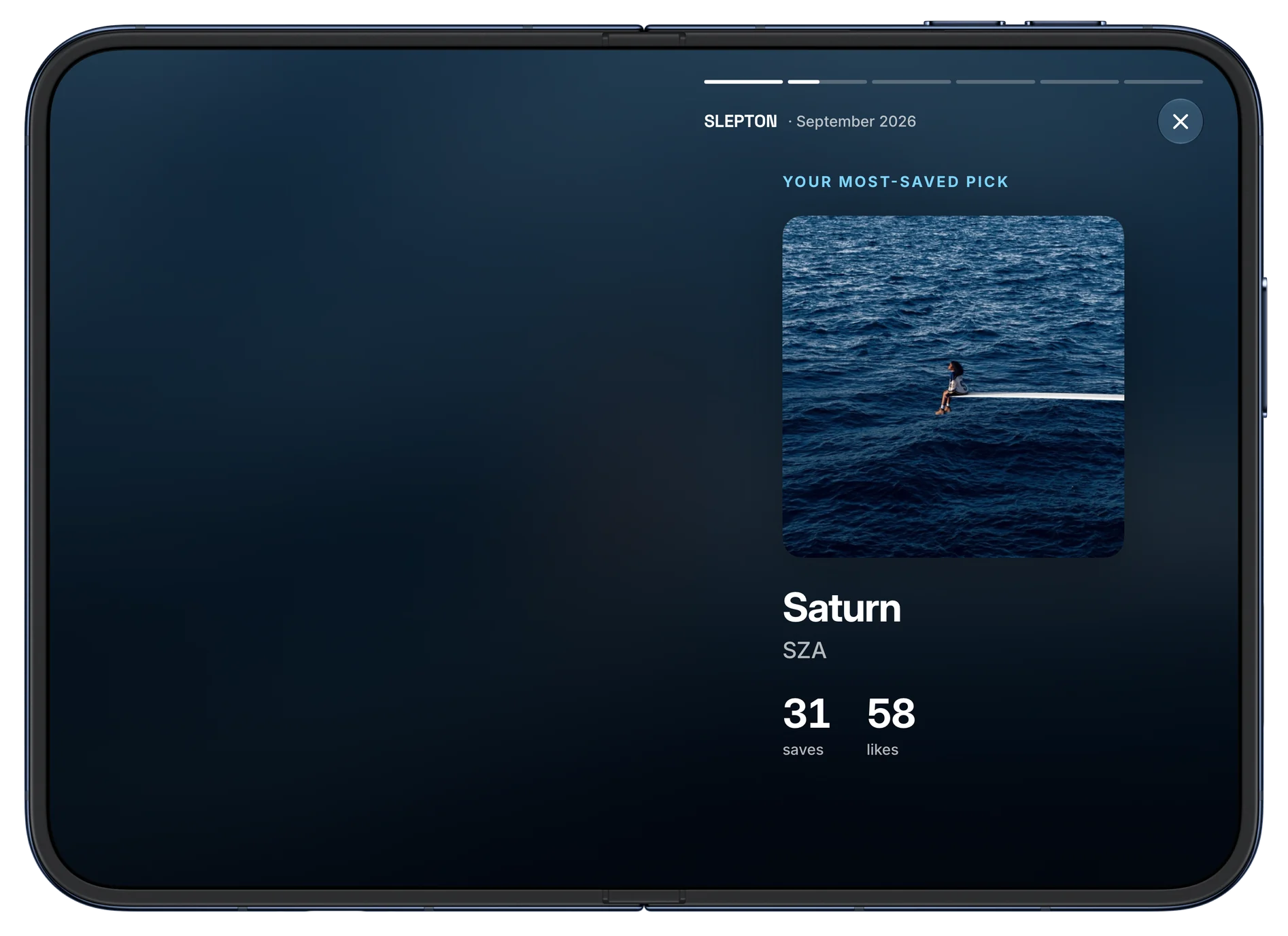A monthly recap slide: your most-saved pick of September, Saturn by SZA, with 31 saves and 58 likes. On iPhone Duo, open.