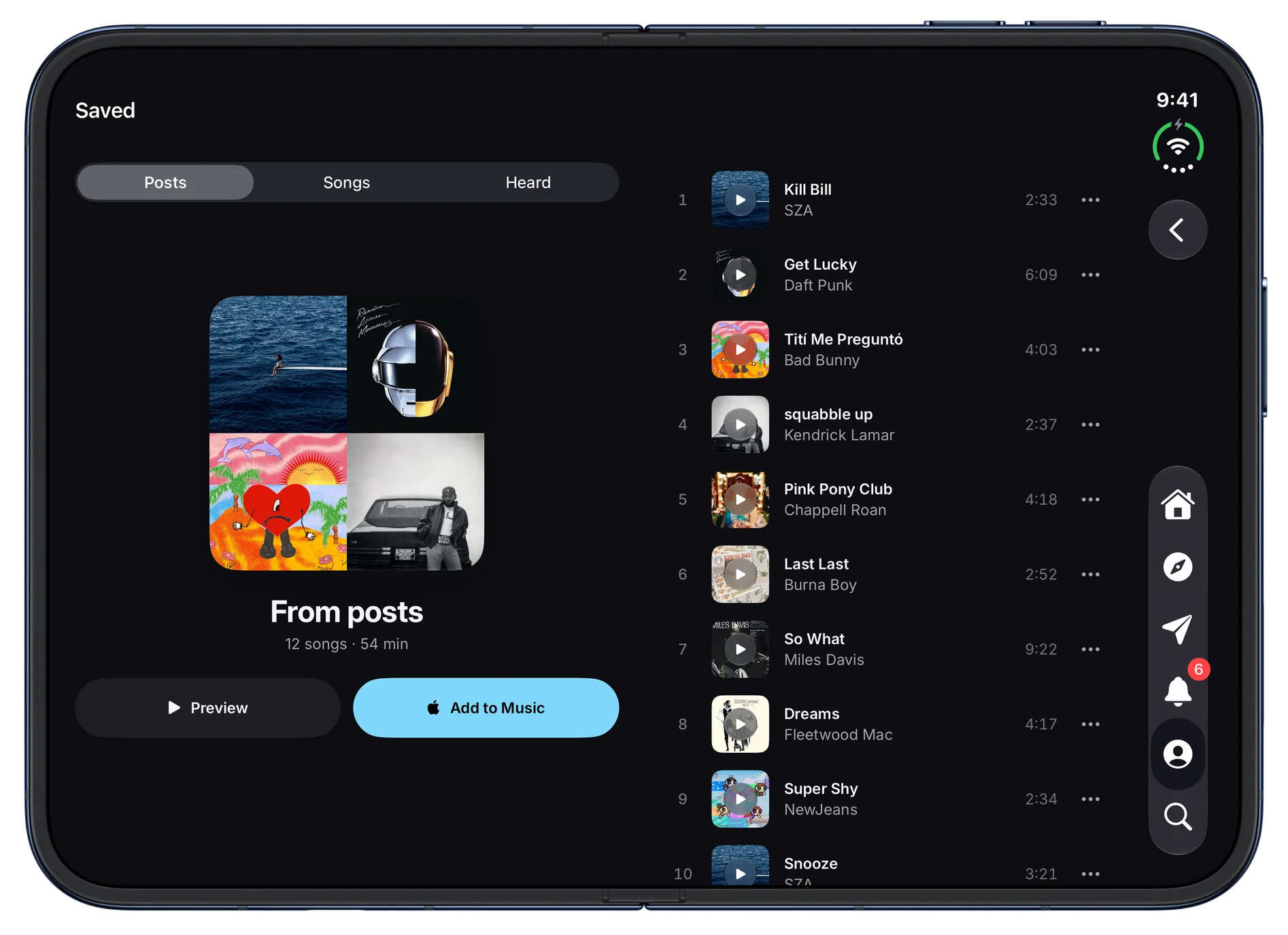 Saved, a playlist of the songs saved from posts, with Preview and Add to Music buttons. On iPhone Duo, open.