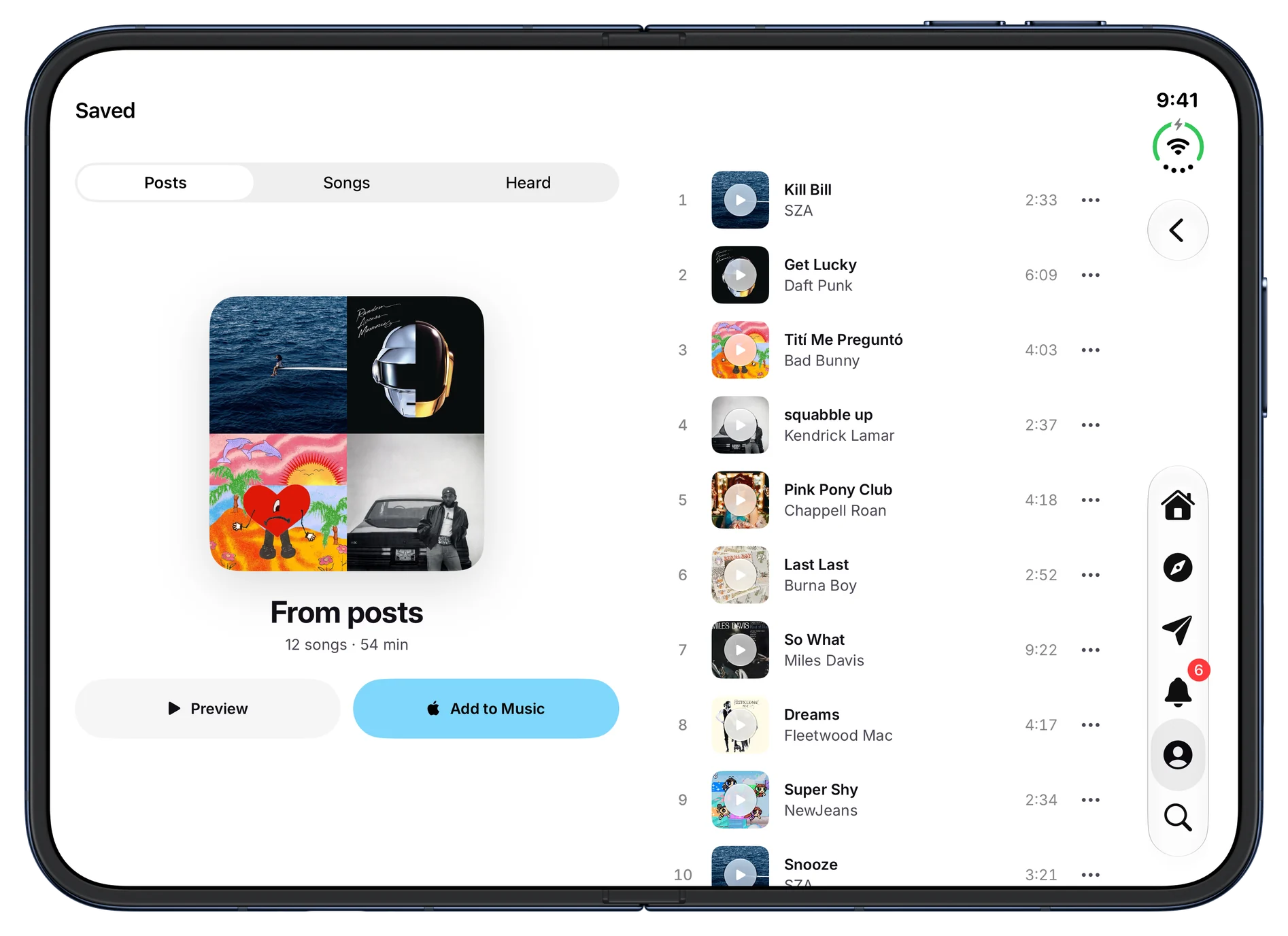 Saved, a playlist of the songs saved from posts, with Preview and Add to Music buttons. On iPhone Duo, open.