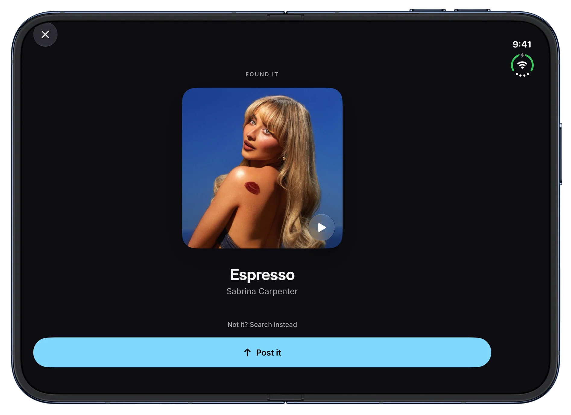 Name that song: SleptOn heard Espresso by Sabrina Carpenter playing nearby: the cover with a preview, and a button to post it. On iPhone Duo, open.