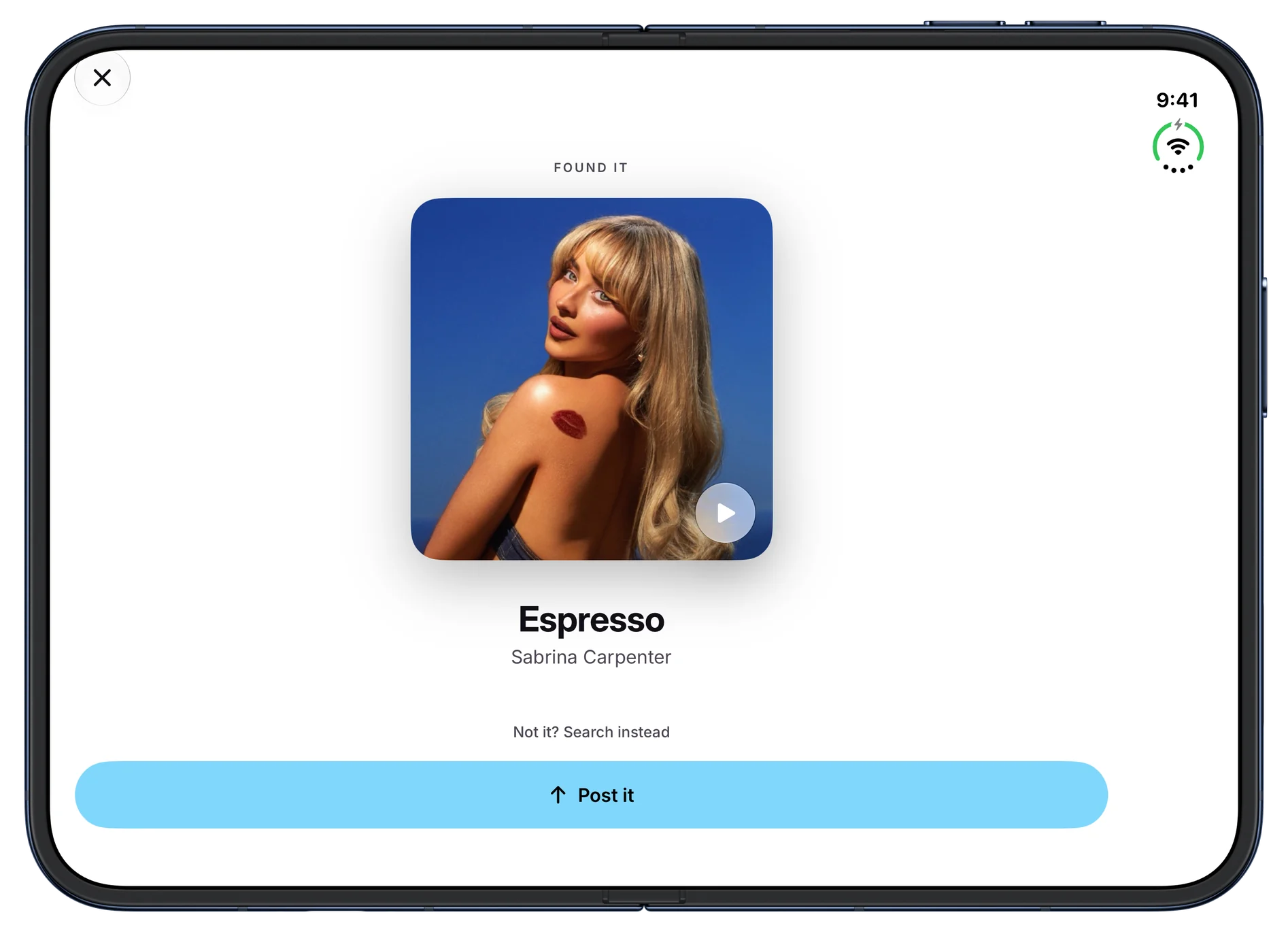 Name that song: SleptOn heard Espresso by Sabrina Carpenter playing nearby: the cover with a preview, and a button to post it. On iPhone Duo, open.