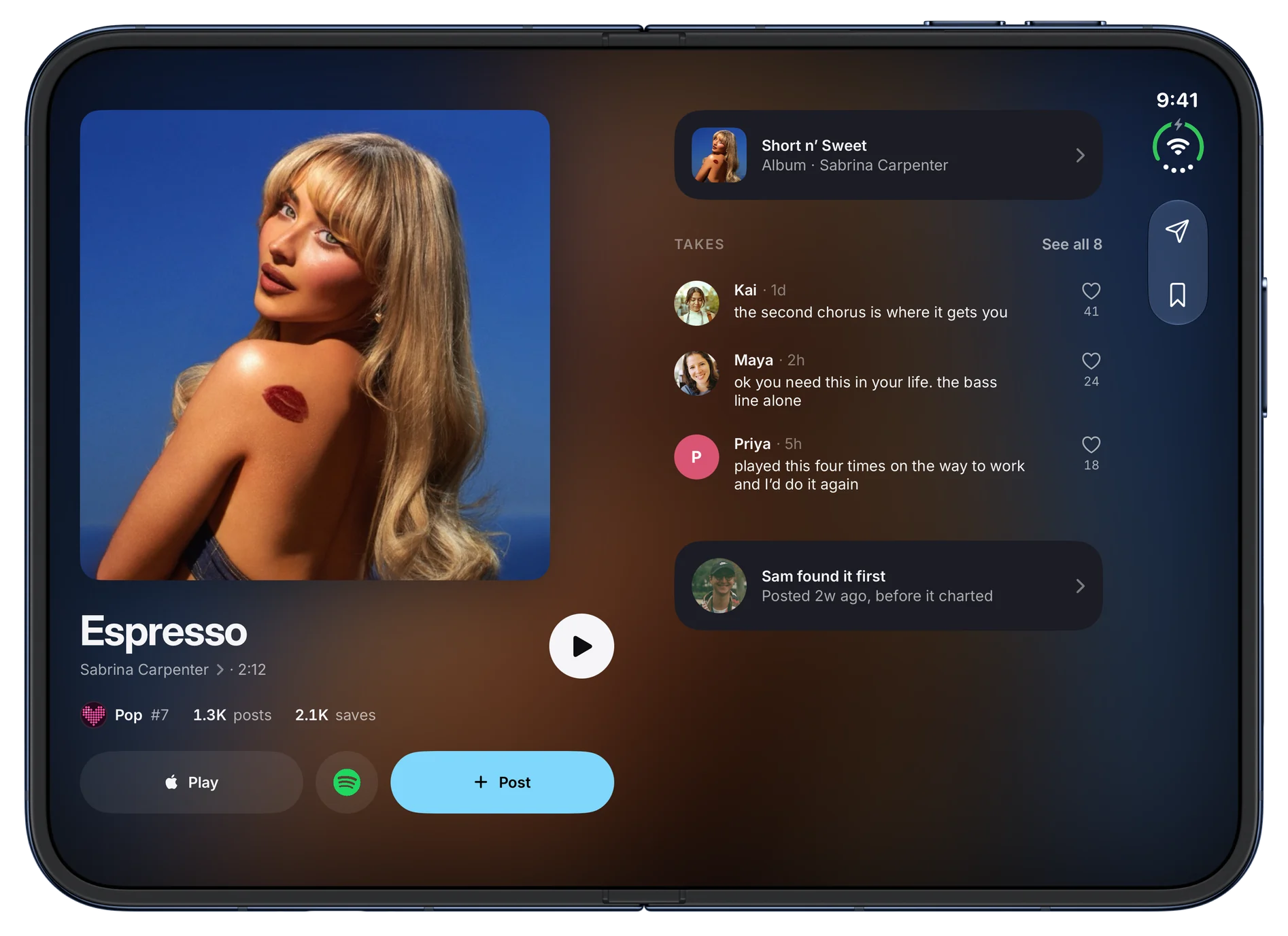 The song page for Espresso, with its Pop chart position, post and save counts, and takes from the people who posted it. On iPhone Duo, open.