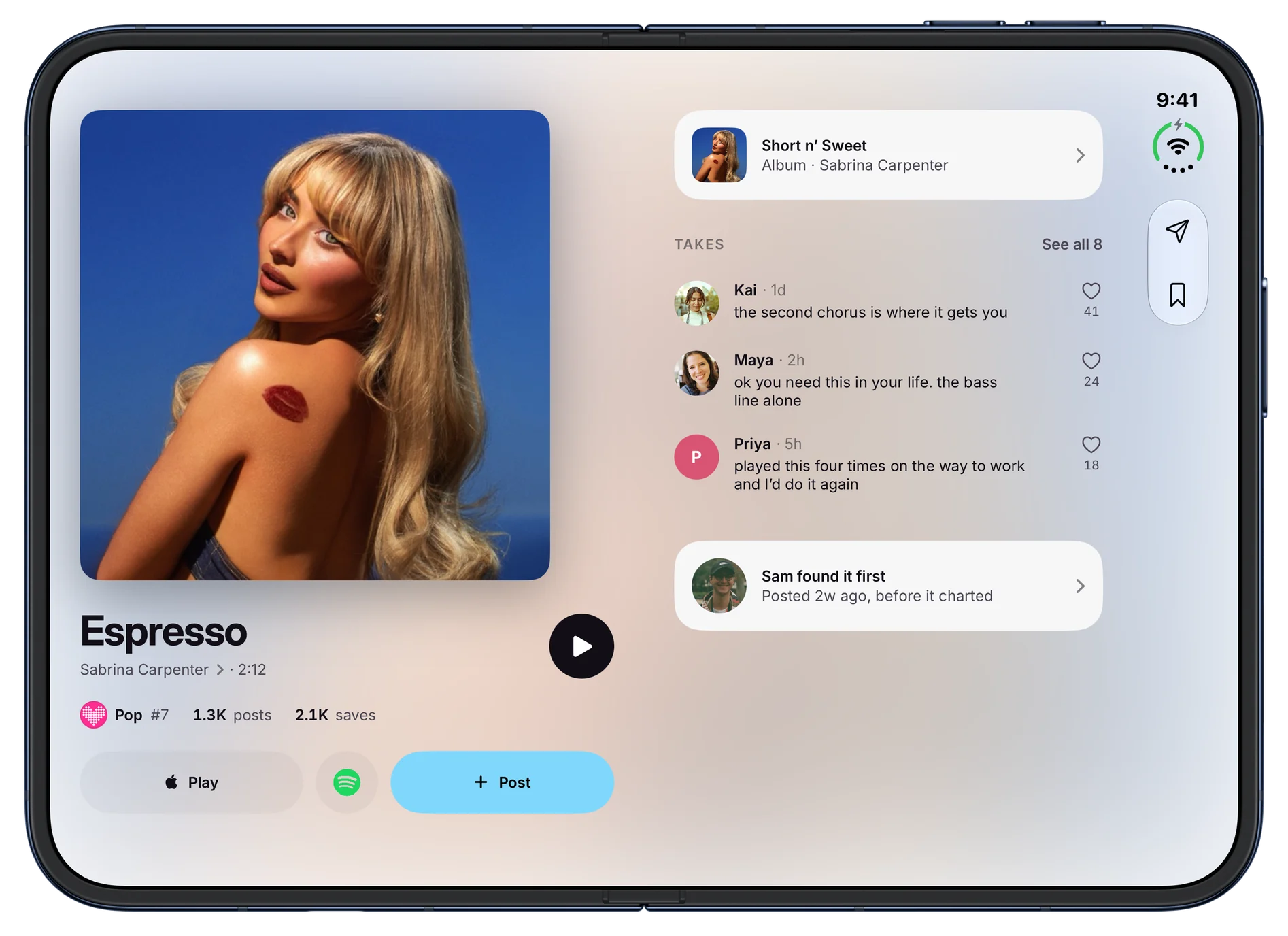 The song page for Espresso, with its Pop chart position, post and save counts, and takes from the people who posted it. On iPhone Duo, open.