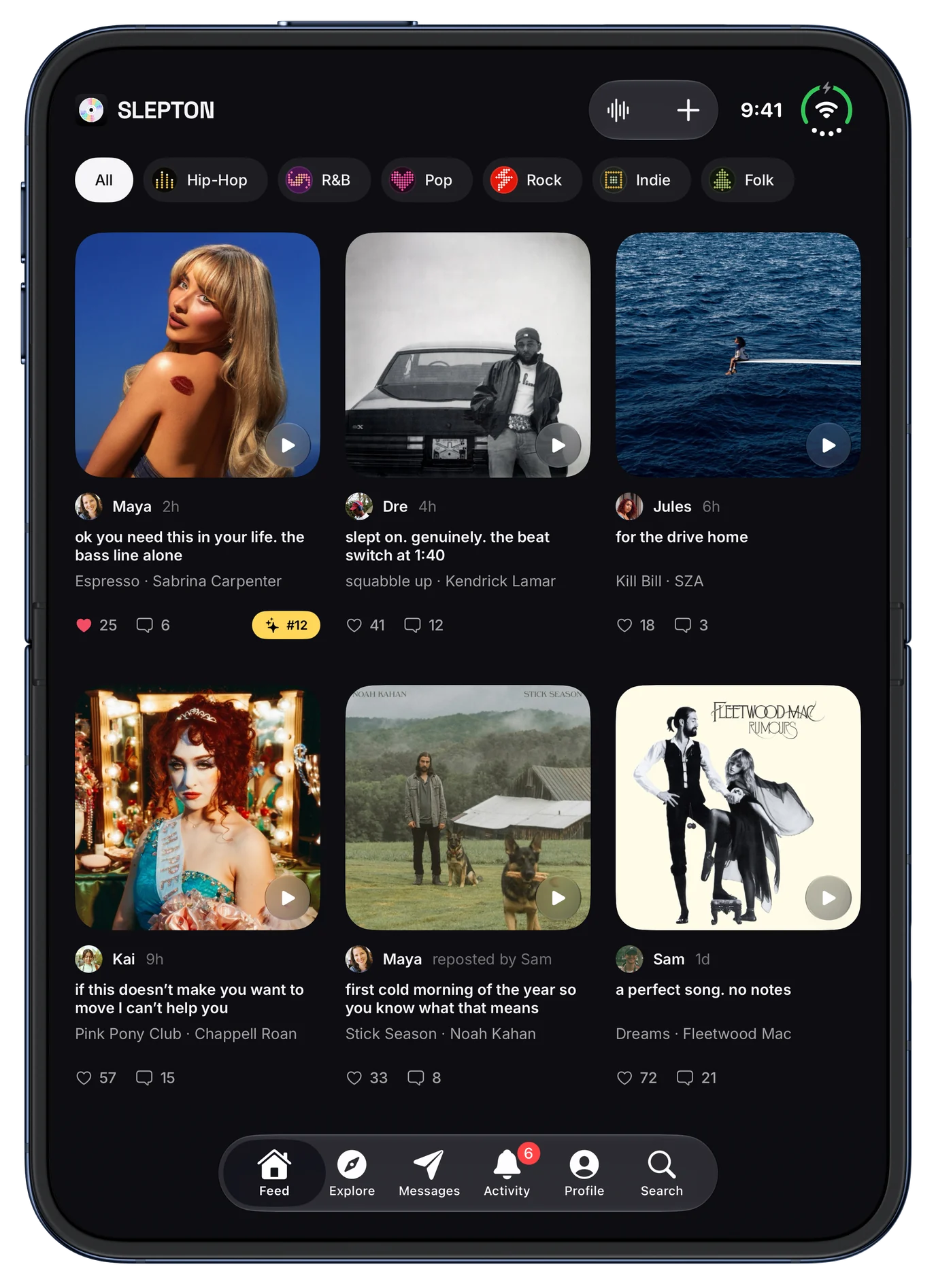 The SleptOn feed, showing Maya's post of Espresso by Sabrina Carpenter with her caption, tags and a Called it badge. On iPhone Duo, open and held upright.