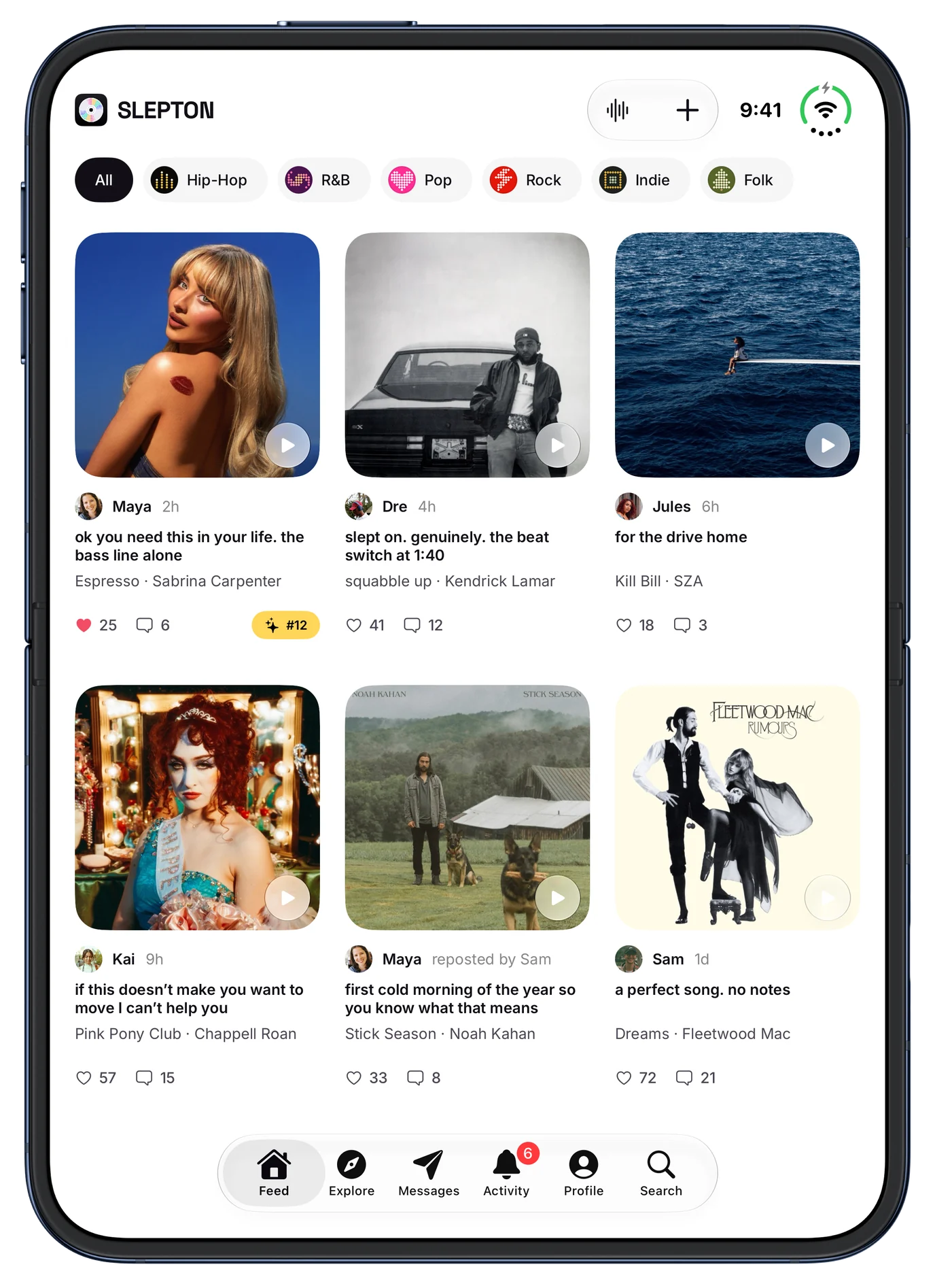 The SleptOn feed, showing Maya's post of Espresso by Sabrina Carpenter with her caption, tags and a Called it badge. On iPhone Duo, open and held upright.