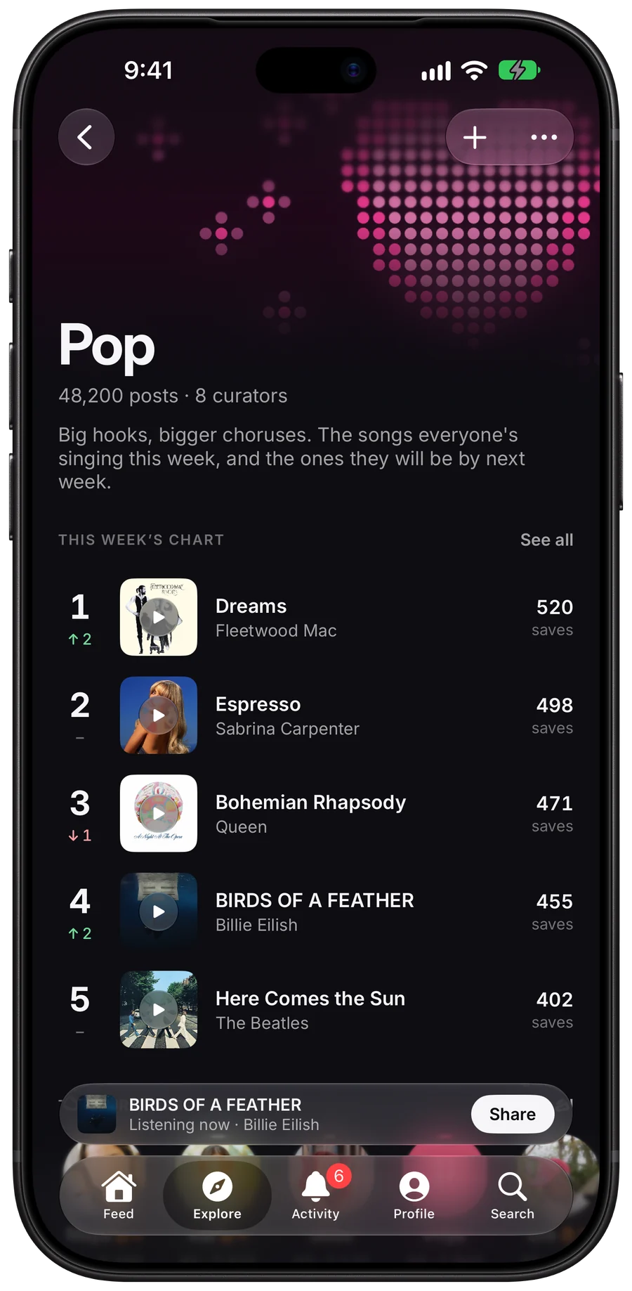 The Pop genre page, with this week's chart of the most saved songs and how far each moved.