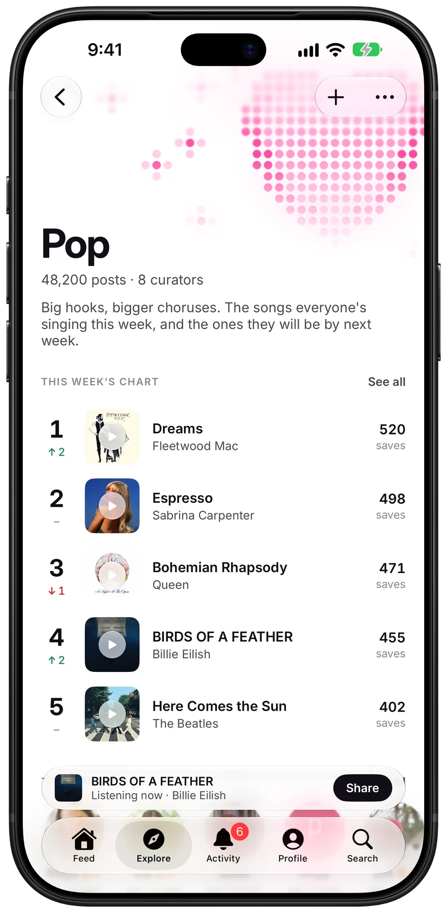 The Pop genre page, with this week's chart of the most saved songs and how far each moved.