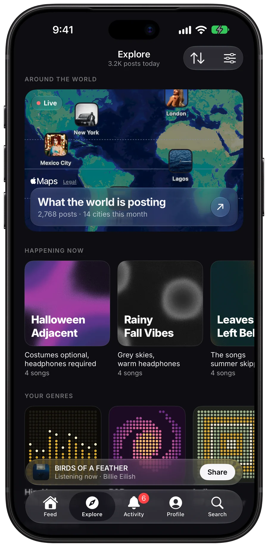 Explore, with a live map of what the world is posting, SleptOn playlists happening now and your genres.