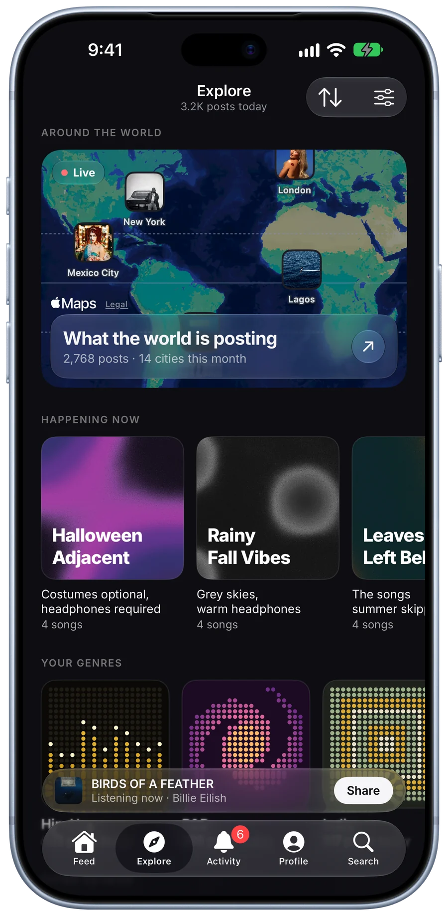 Explore, with a live map of what the world is posting, SleptOn playlists happening now and your genres.