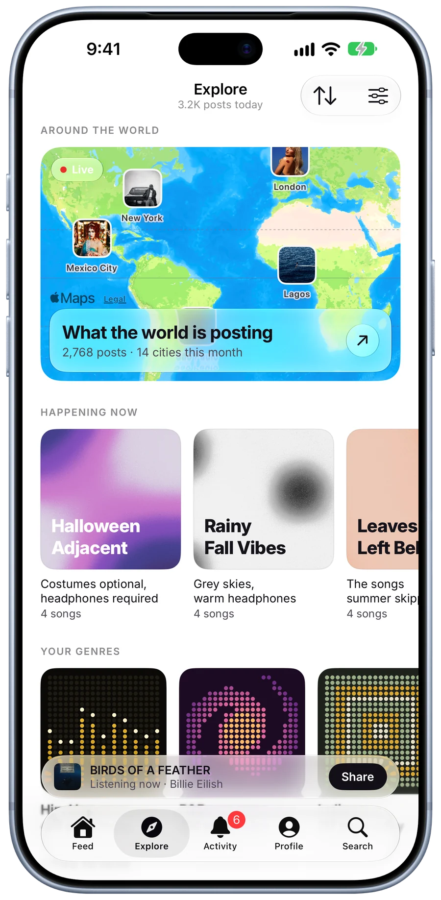 Explore, with a live map of what the world is posting, SleptOn playlists happening now and your genres.