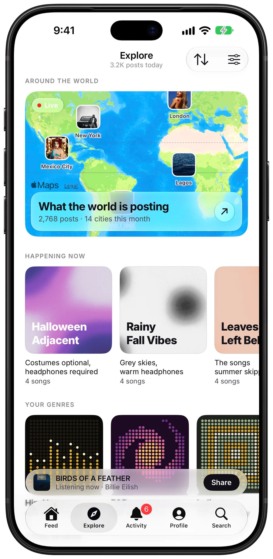 Explore, with a live map of what the world is posting, SleptOn playlists happening now and your genres.