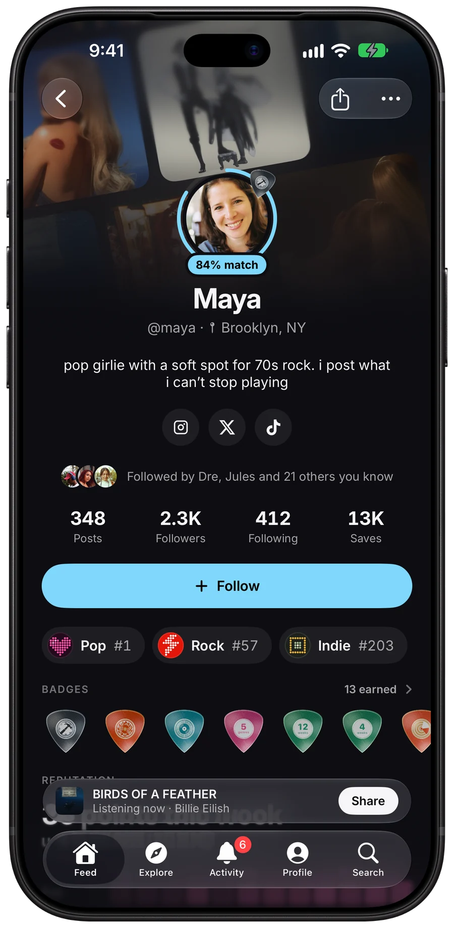 Maya's profile, with an 84% taste match, posts, followers and saves, genre ranks and badges.