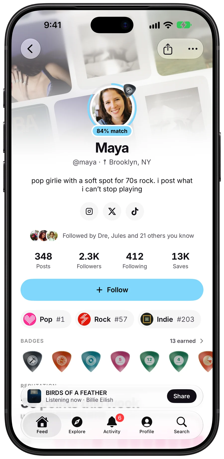Maya's profile, with an 84% taste match, posts, followers and saves, genre ranks and badges.