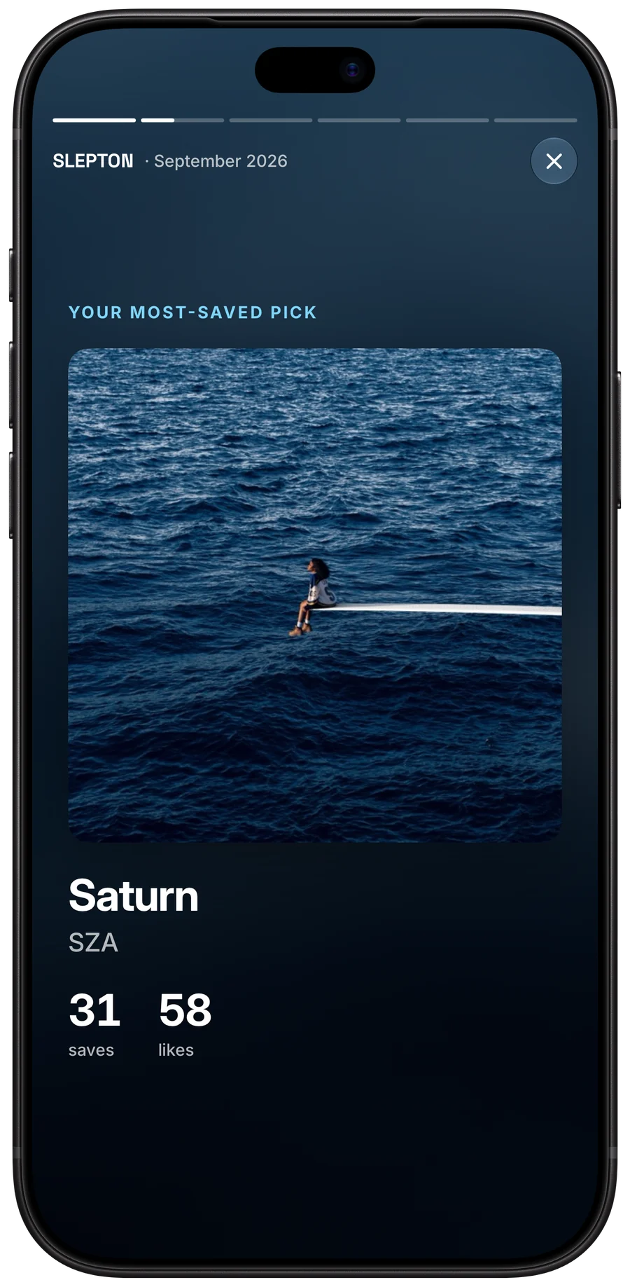 A monthly recap slide: your most-saved pick of September, Saturn by SZA, with 31 saves and 58 likes.