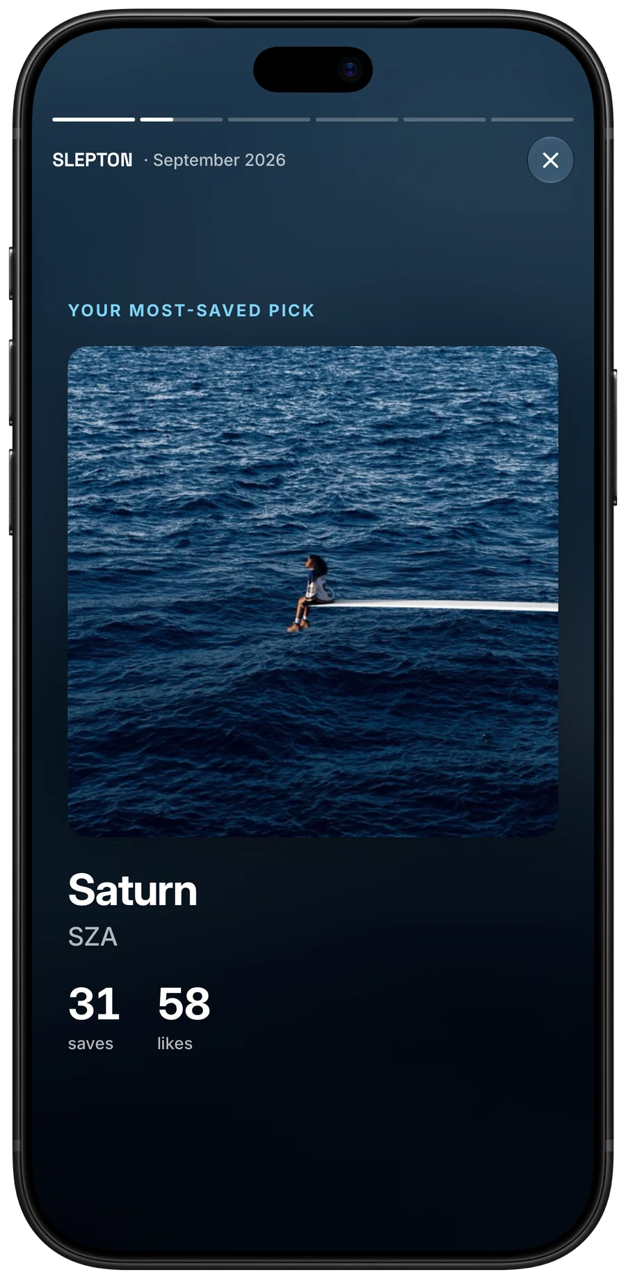 A monthly recap slide: your most-saved pick of September, Saturn by SZA, with 31 saves and 58 likes.