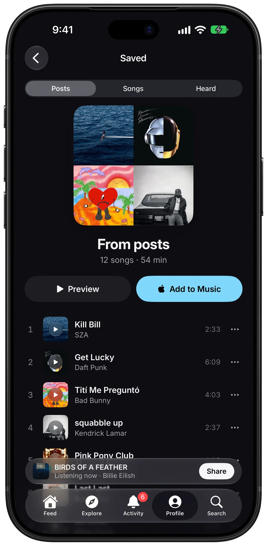 Saved, a playlist of the songs saved from posts, with Preview and Add to Music buttons.