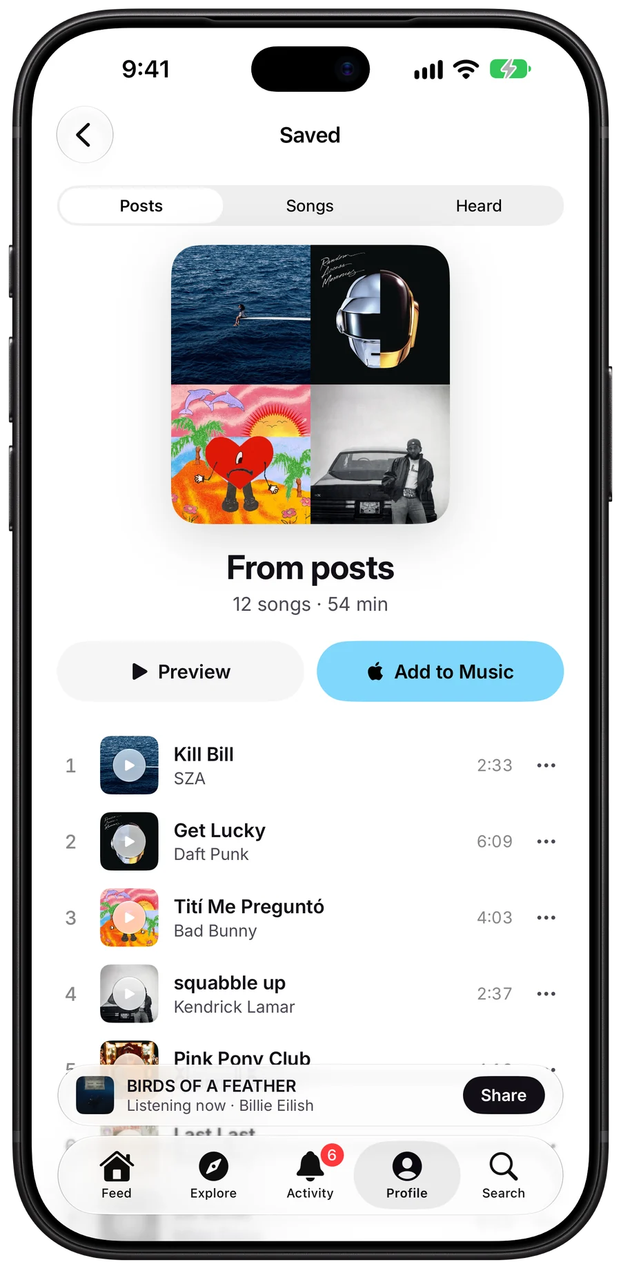 Saved, a playlist of the songs saved from posts, with Preview and Add to Music buttons.