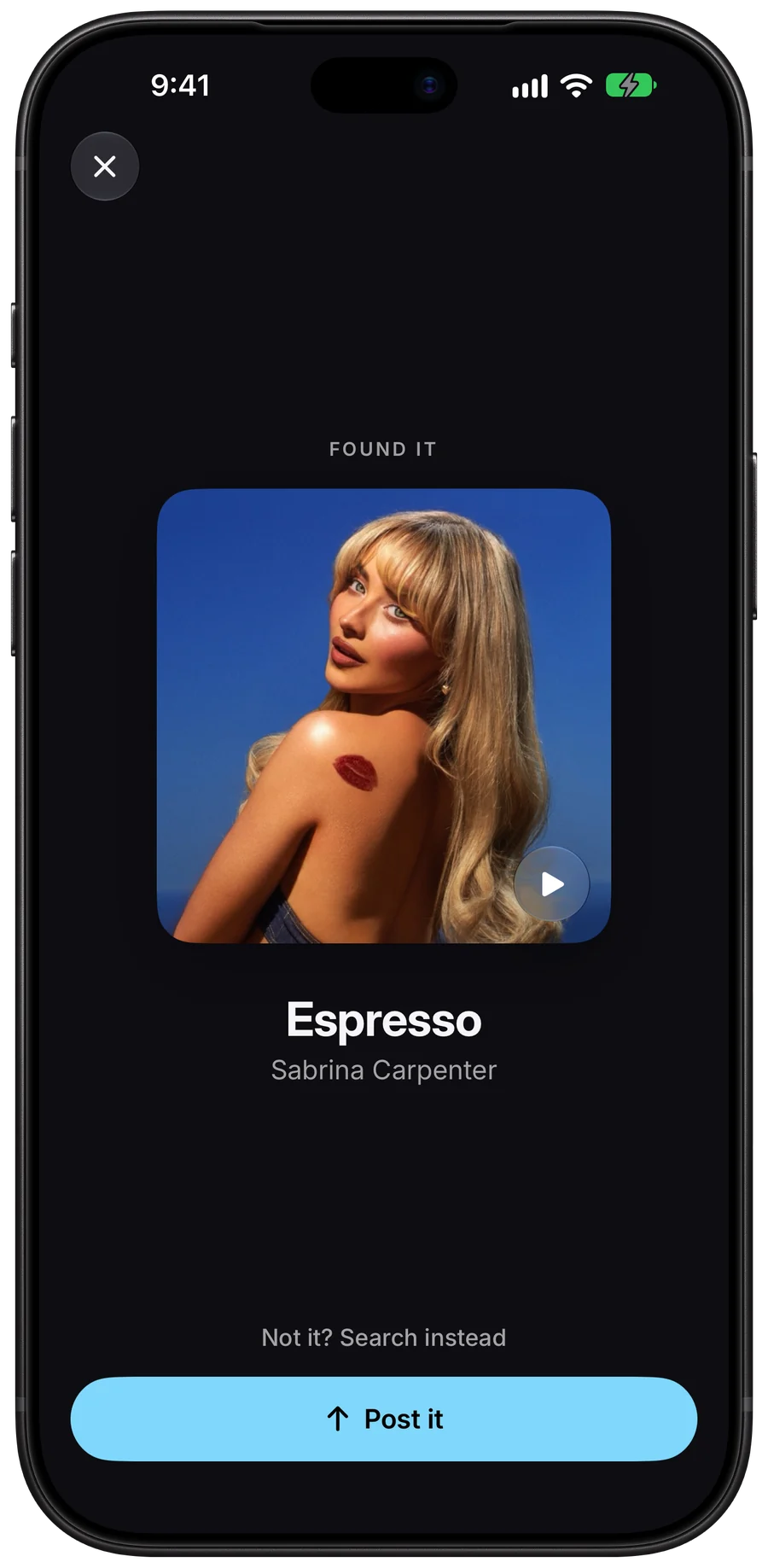 Name that song: SleptOn heard Espresso by Sabrina Carpenter playing nearby: the cover with a preview, and a button to post it.
